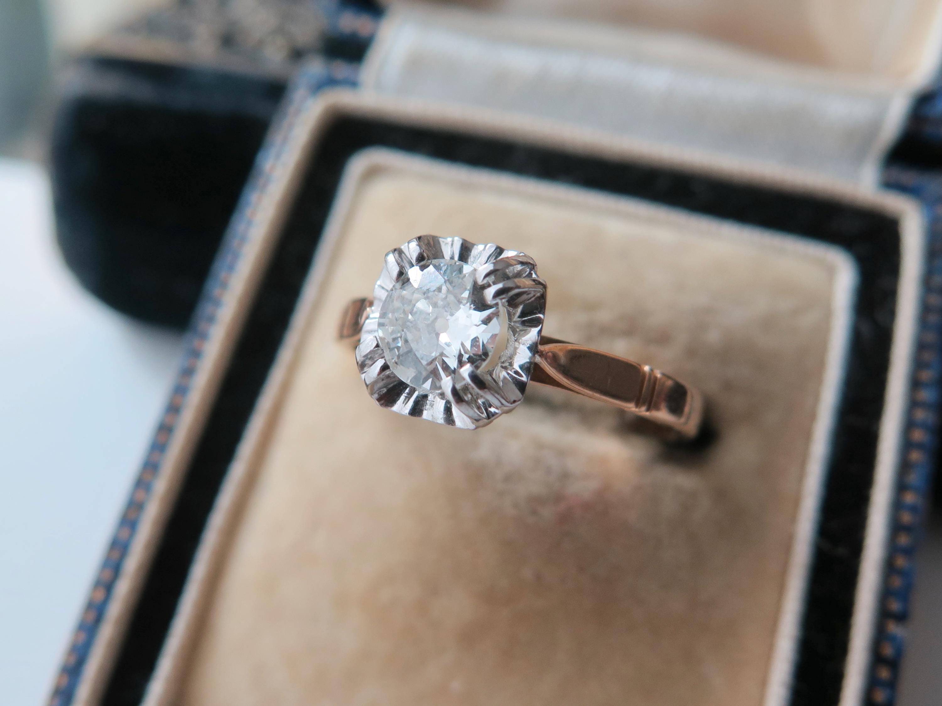 Antique Art Deco Diamond Ring, 18k Gold Illusion Setting, French Engagement Ring