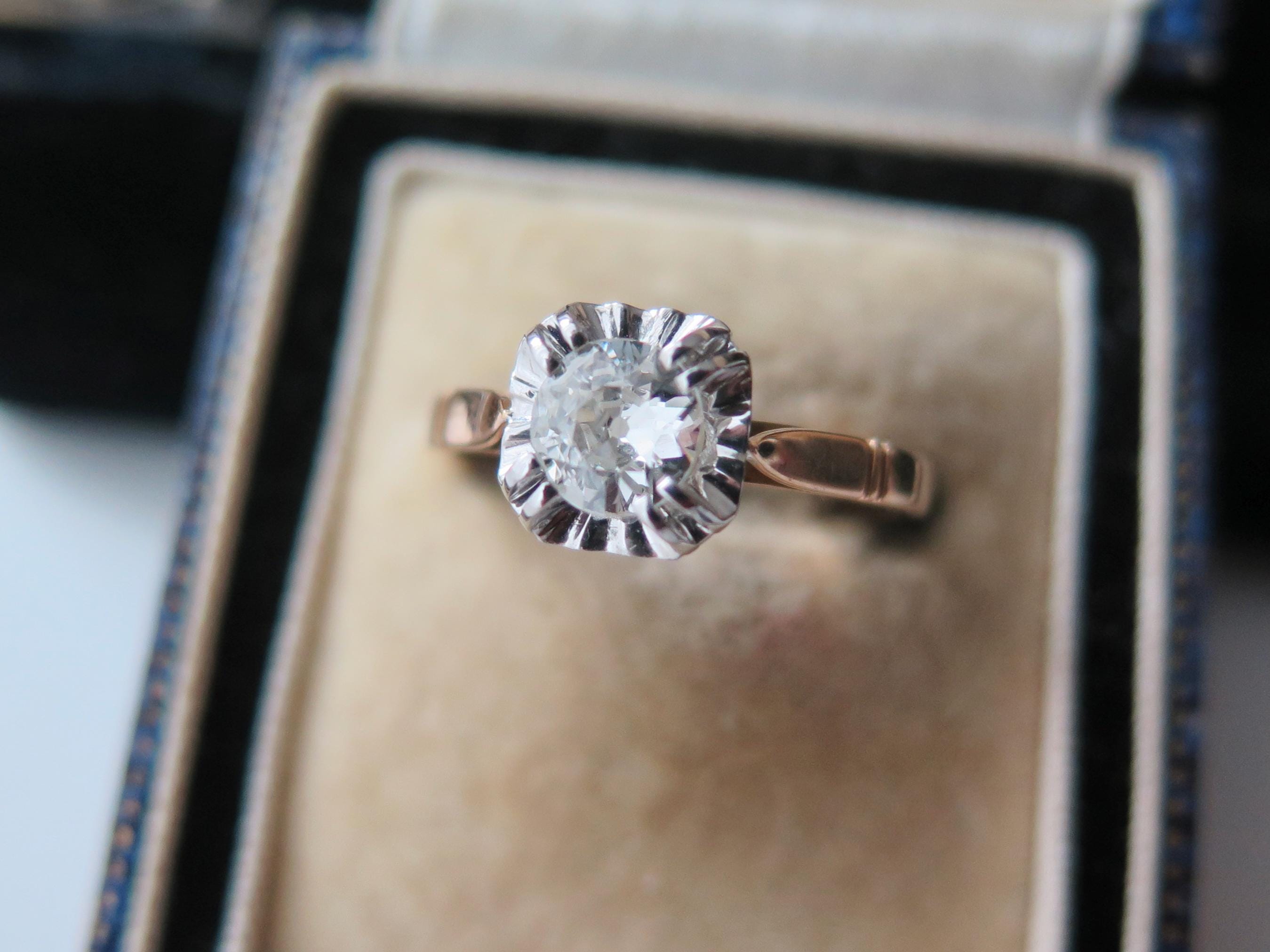Antique Art Deco Diamond Ring, 18k Gold Illusion Setting, French Engagement Ring
