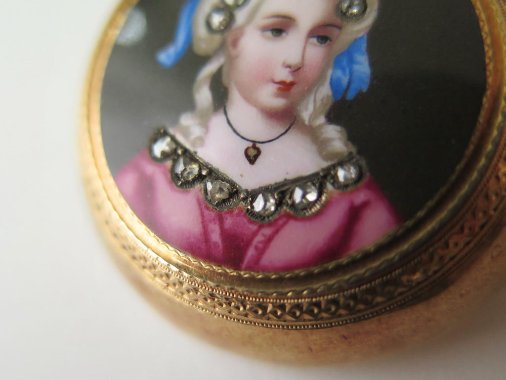 Antique 18k Gold Enamel Miniature Brooch with Rose Cut Diamonds