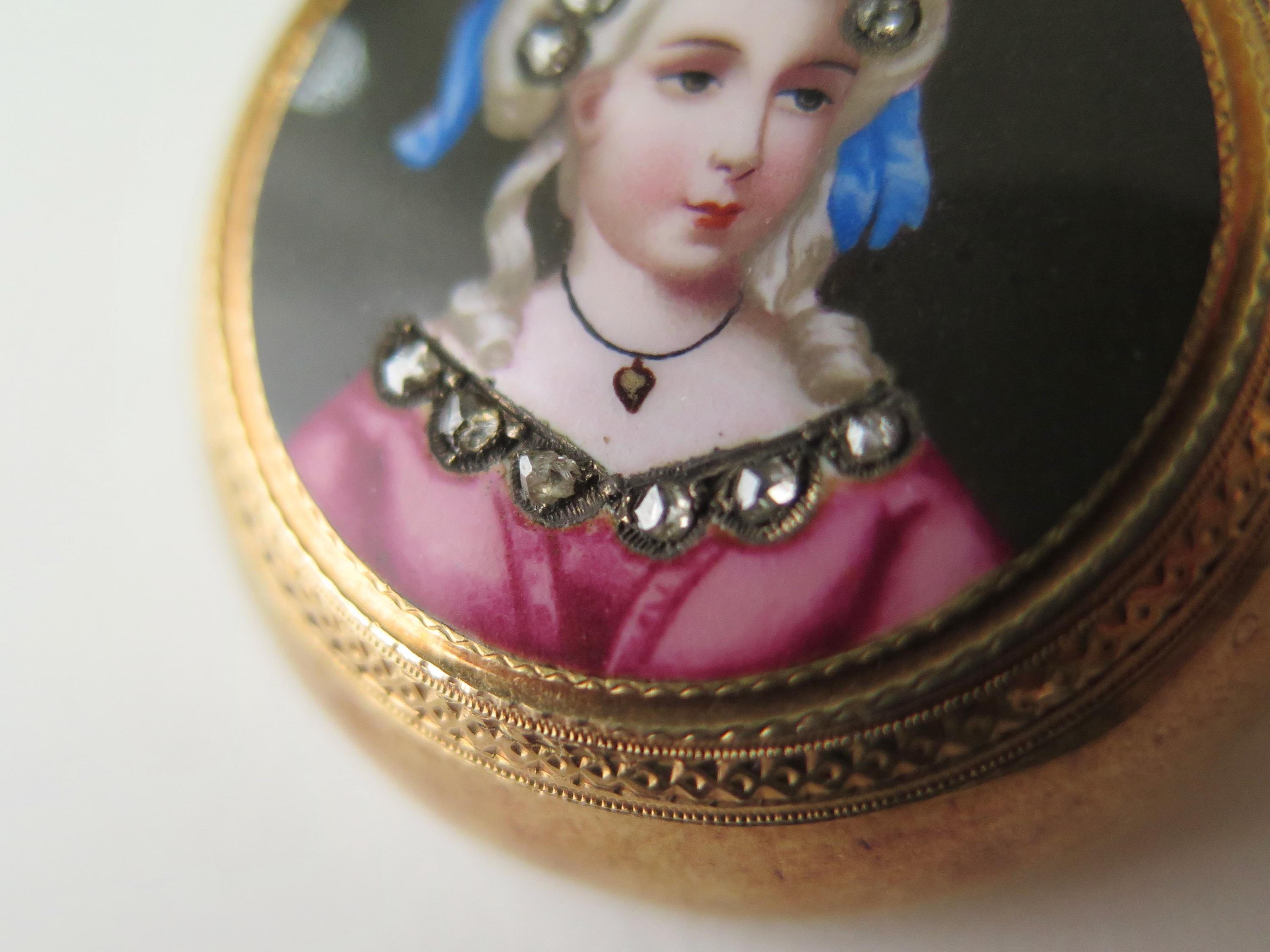 Antique 18k Gold Enamel Miniature Brooch with Rose Cut Diamonds