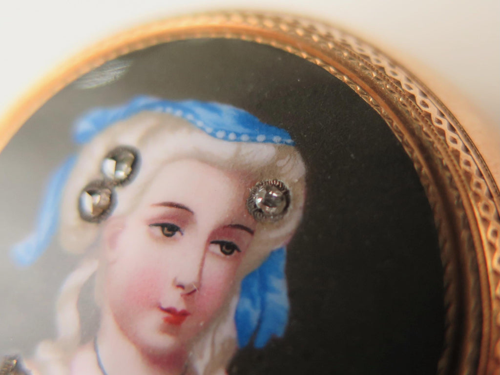 Antique 18k Gold Enamel Miniature Brooch with Rose Cut Diamonds