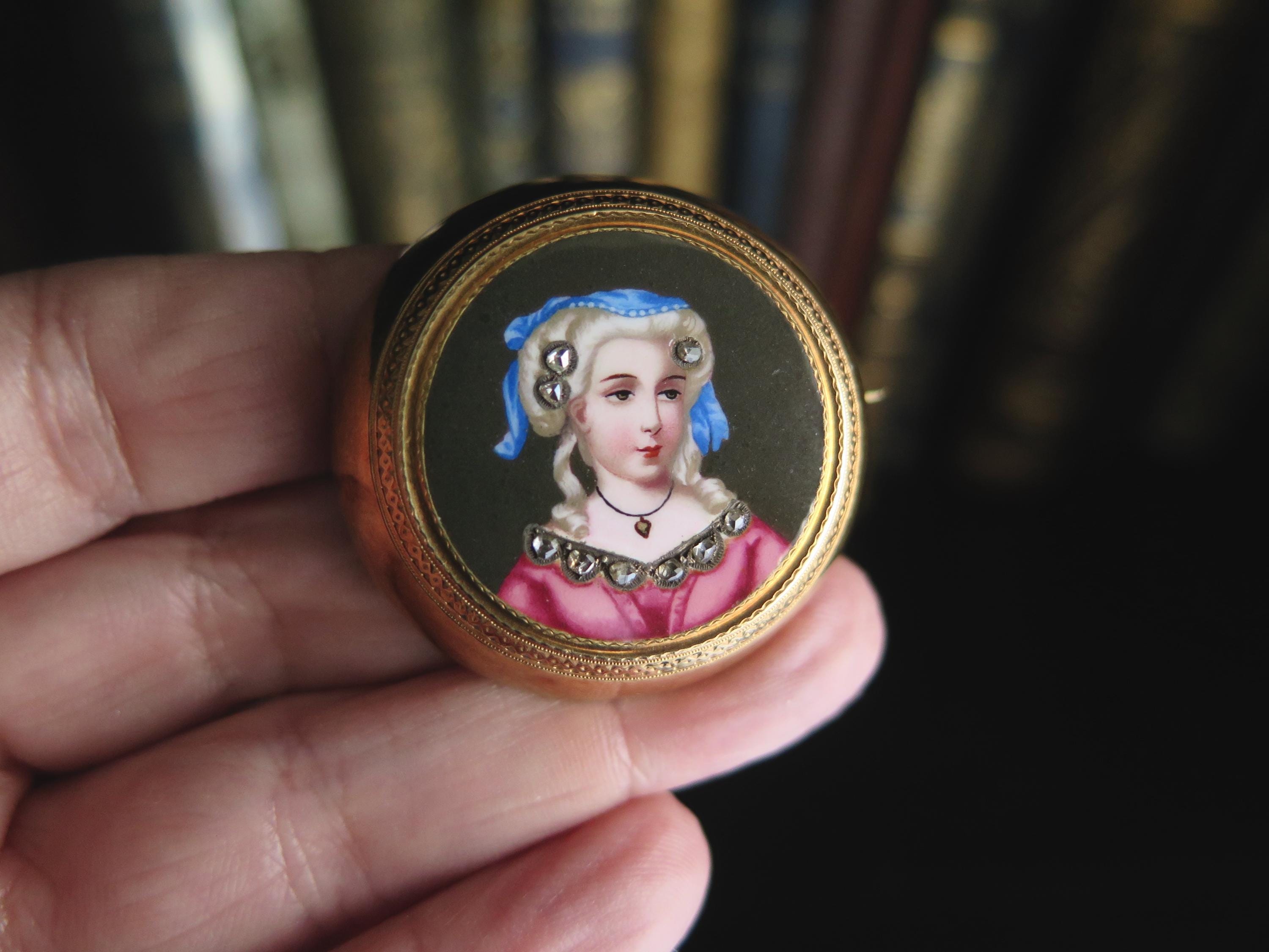 Antique 18k Gold Enamel Miniature Brooch with Rose Cut Diamonds