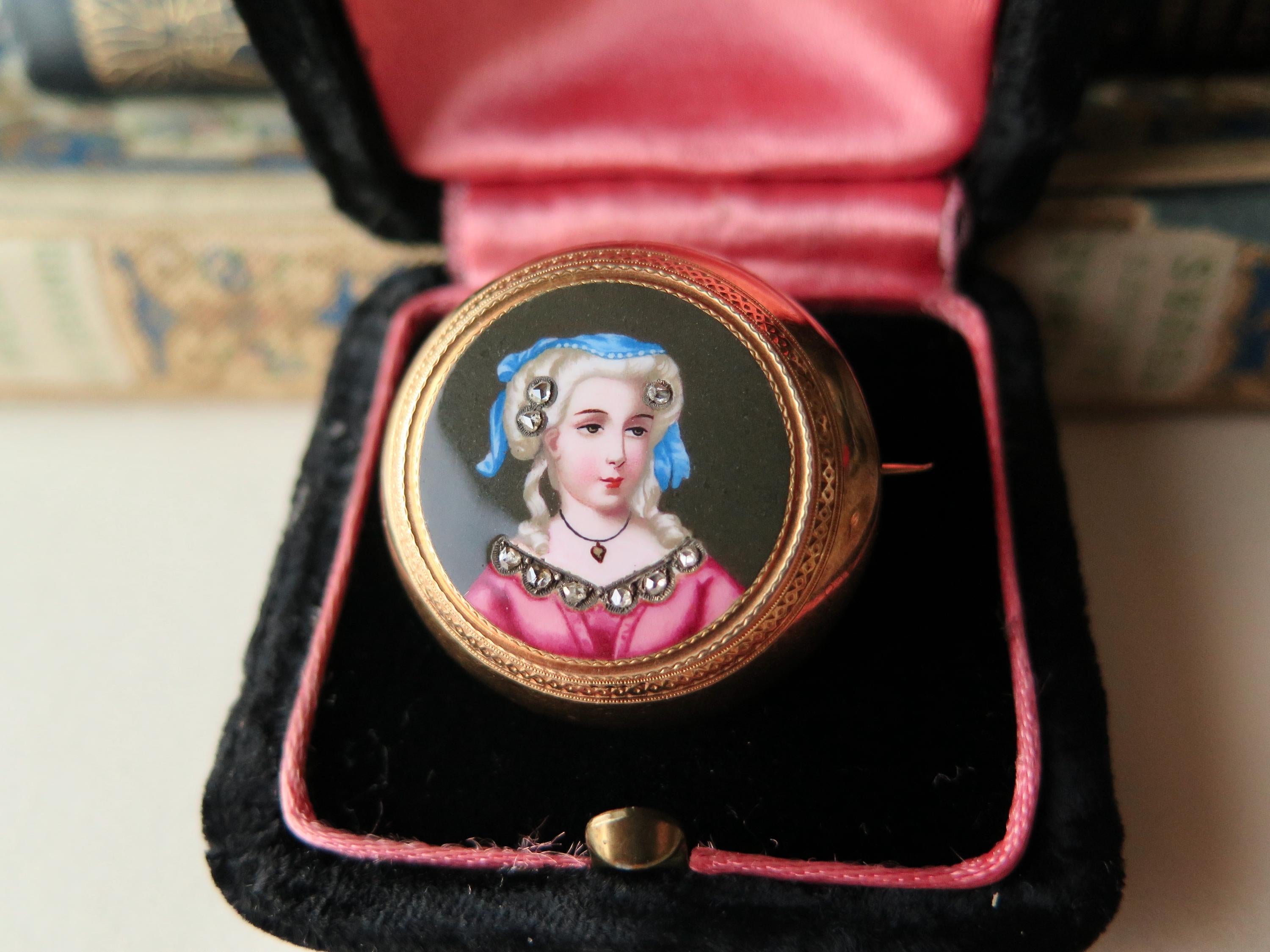 Antique 18k Gold Enamel Miniature Brooch with Rose Cut Diamonds