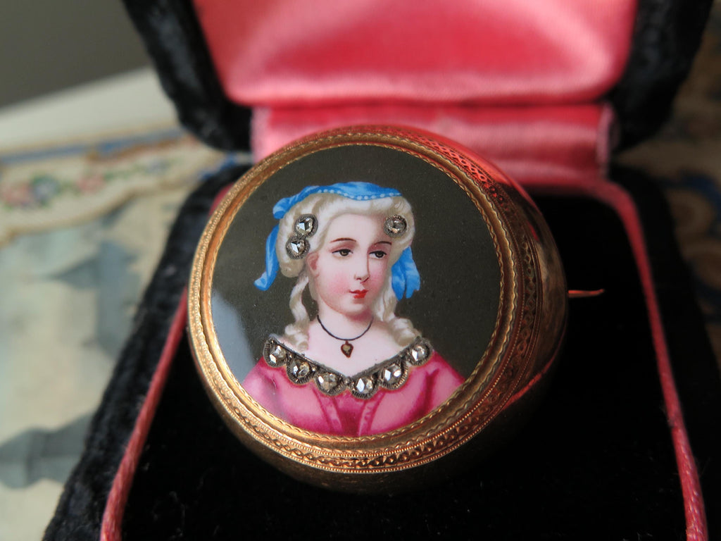 Antique 18k Gold Enamel Miniature Brooch with Rose Cut Diamonds