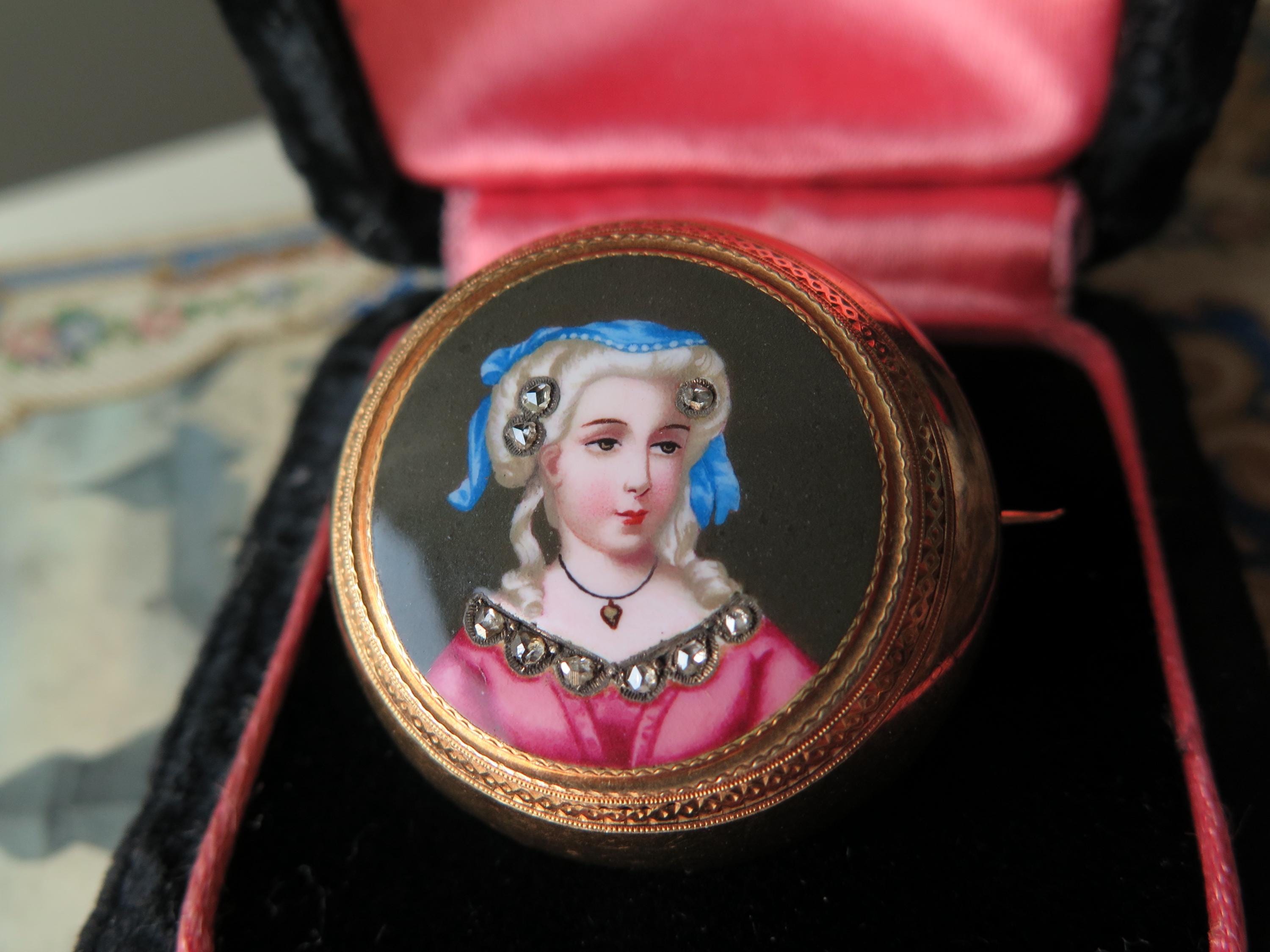Antique 18k Gold Enamel Miniature Brooch with Rose Cut Diamonds