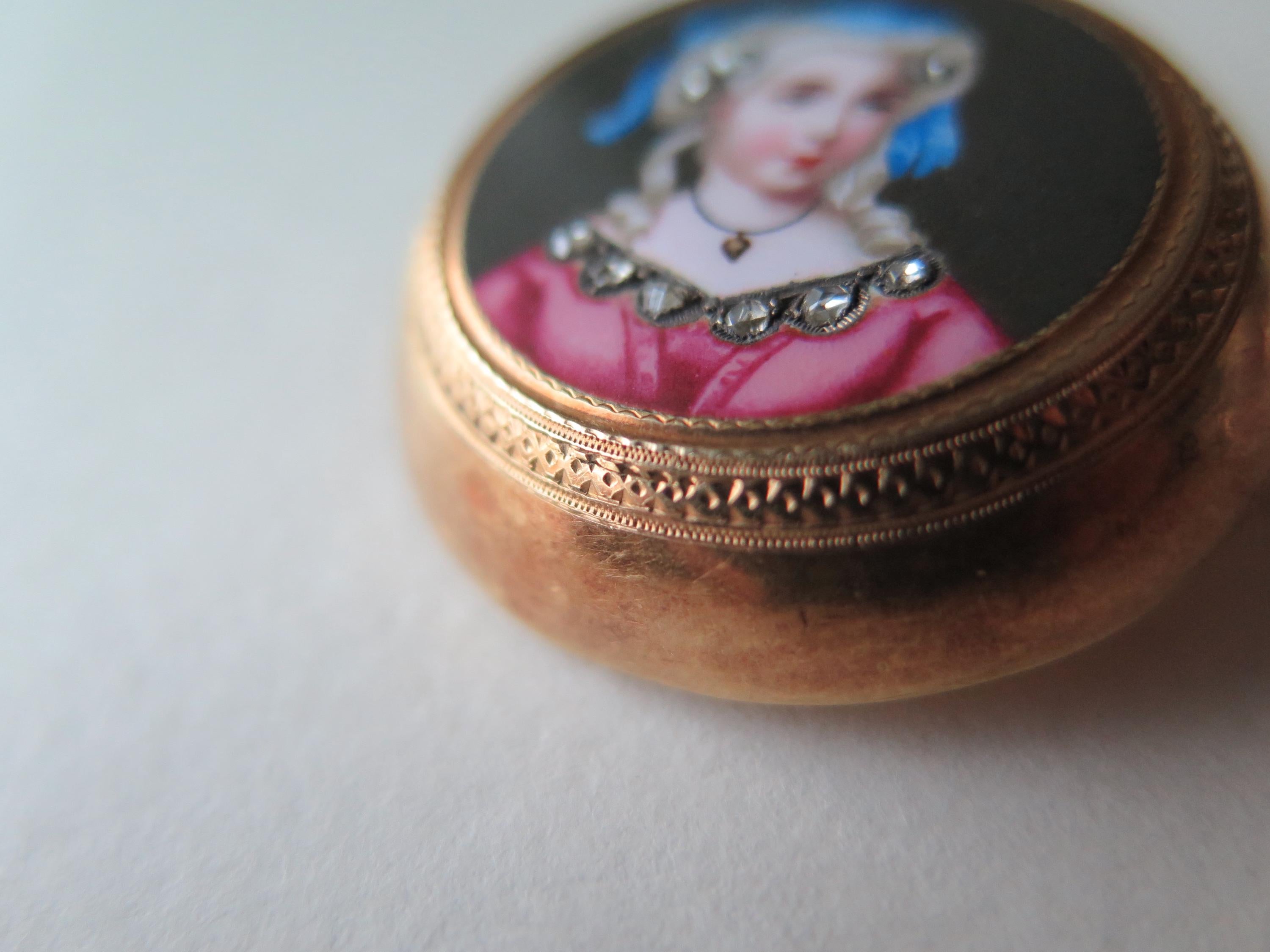 Antique 18k Gold Enamel Miniature Brooch with Rose Cut Diamonds