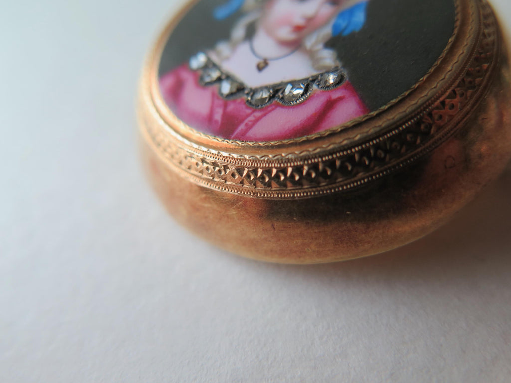 Antique 18k Gold Enamel Miniature Brooch with Rose Cut Diamonds