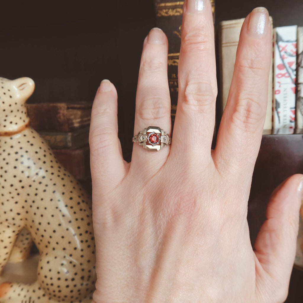 Antique Art Deco 18k Almandine Garnet Diamond Ring 1930s
