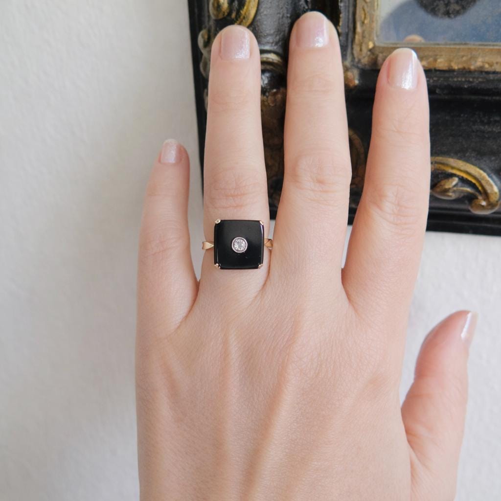 Antique Art Deco Onyx and Diamond Ring 9k Gold Antique 1930s