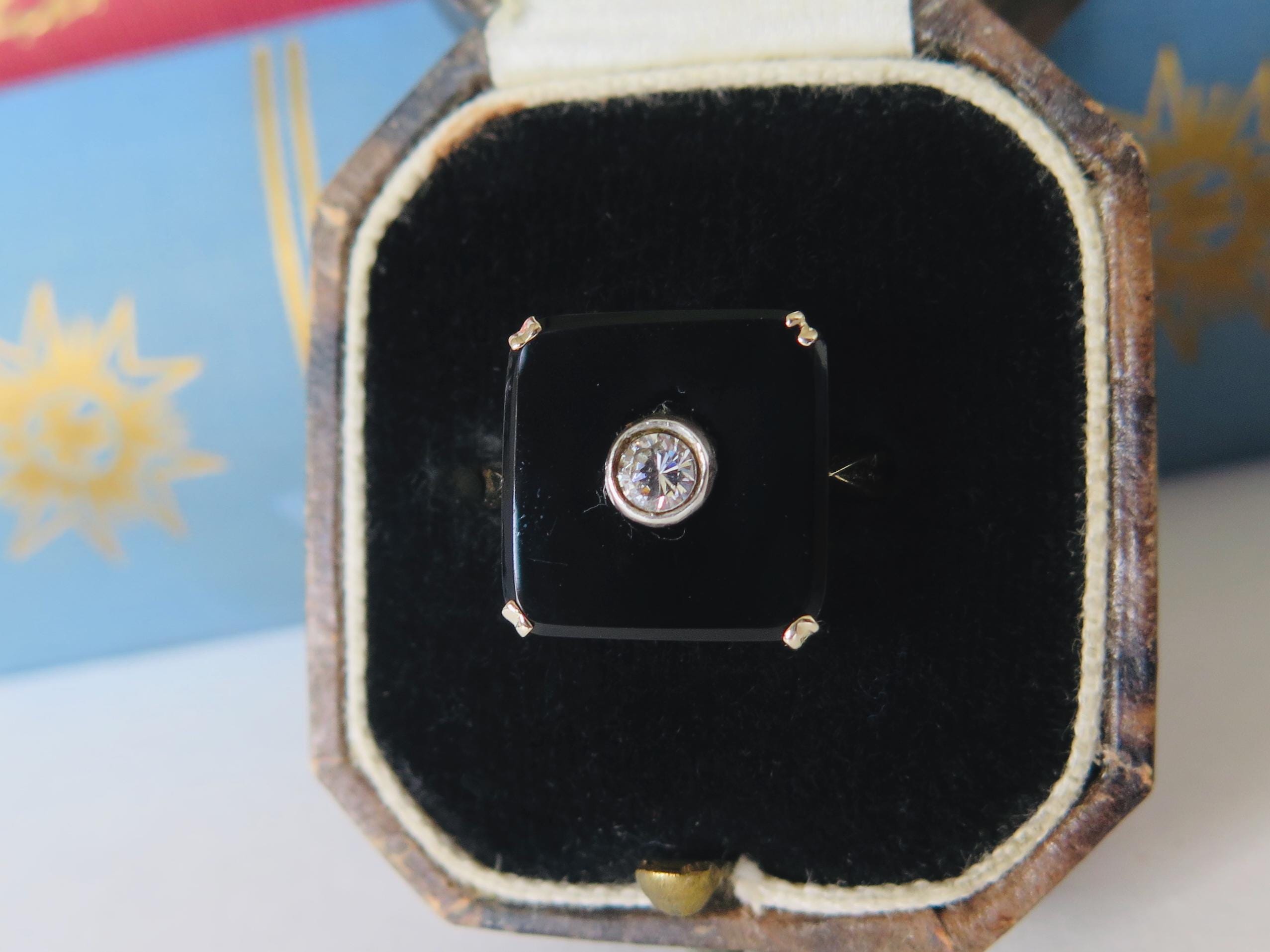 Antique Art Deco Onyx and Diamond Ring 9k Gold Antique 1930s