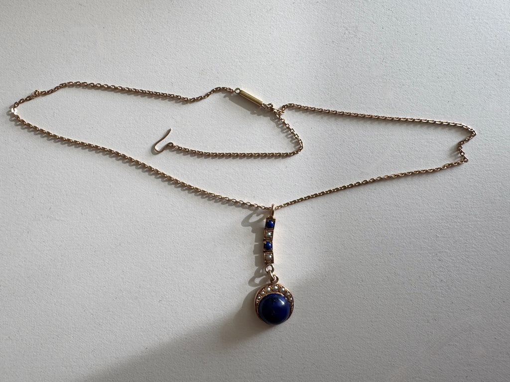 Antique Lapis Lazuli Lavalier Necklace, 15k Gold, Celestial Drop Pendant