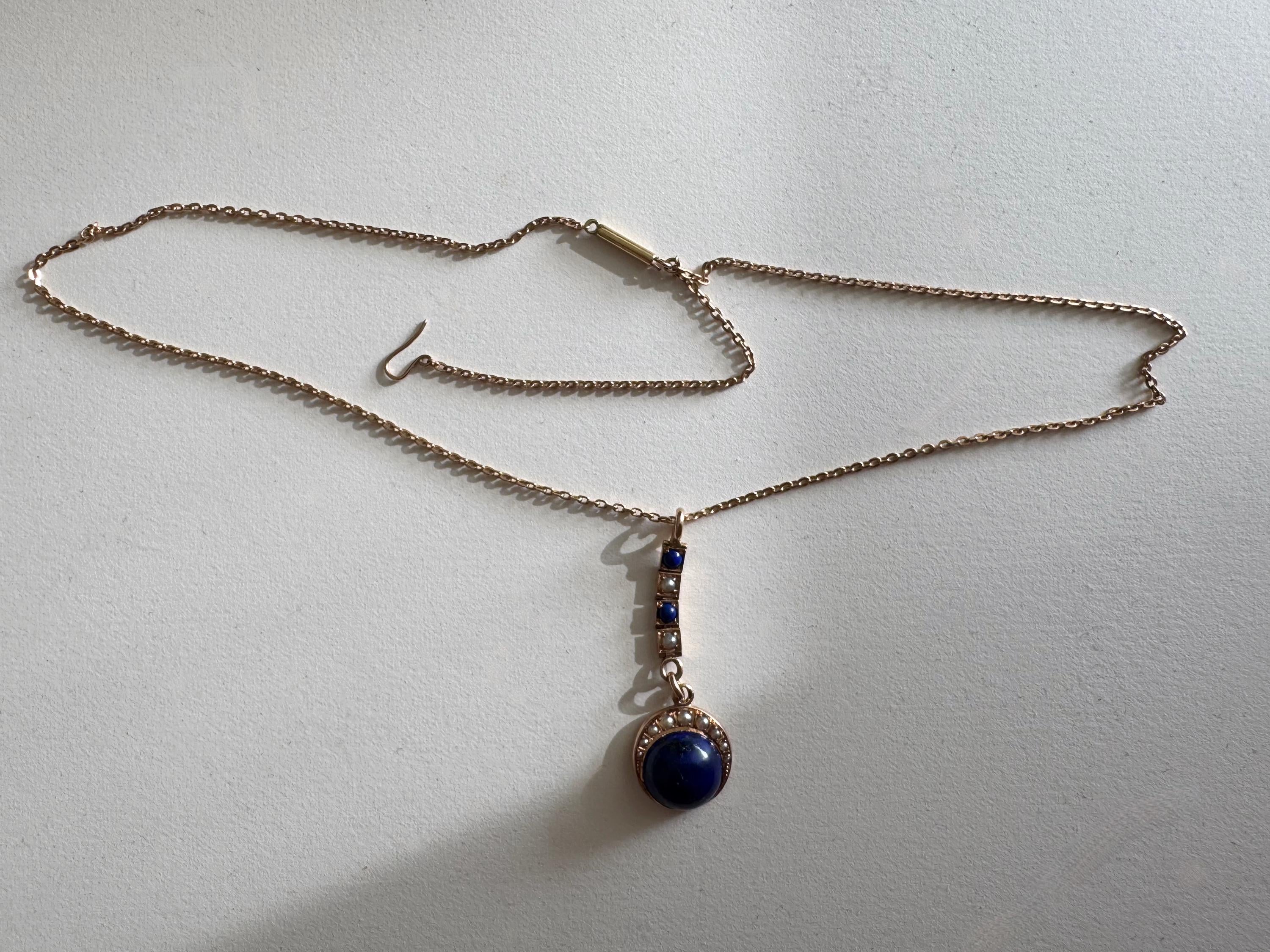 Antique Lapis Lazuli Lavalier Necklace, 15k Gold, Celestial Drop Pendant