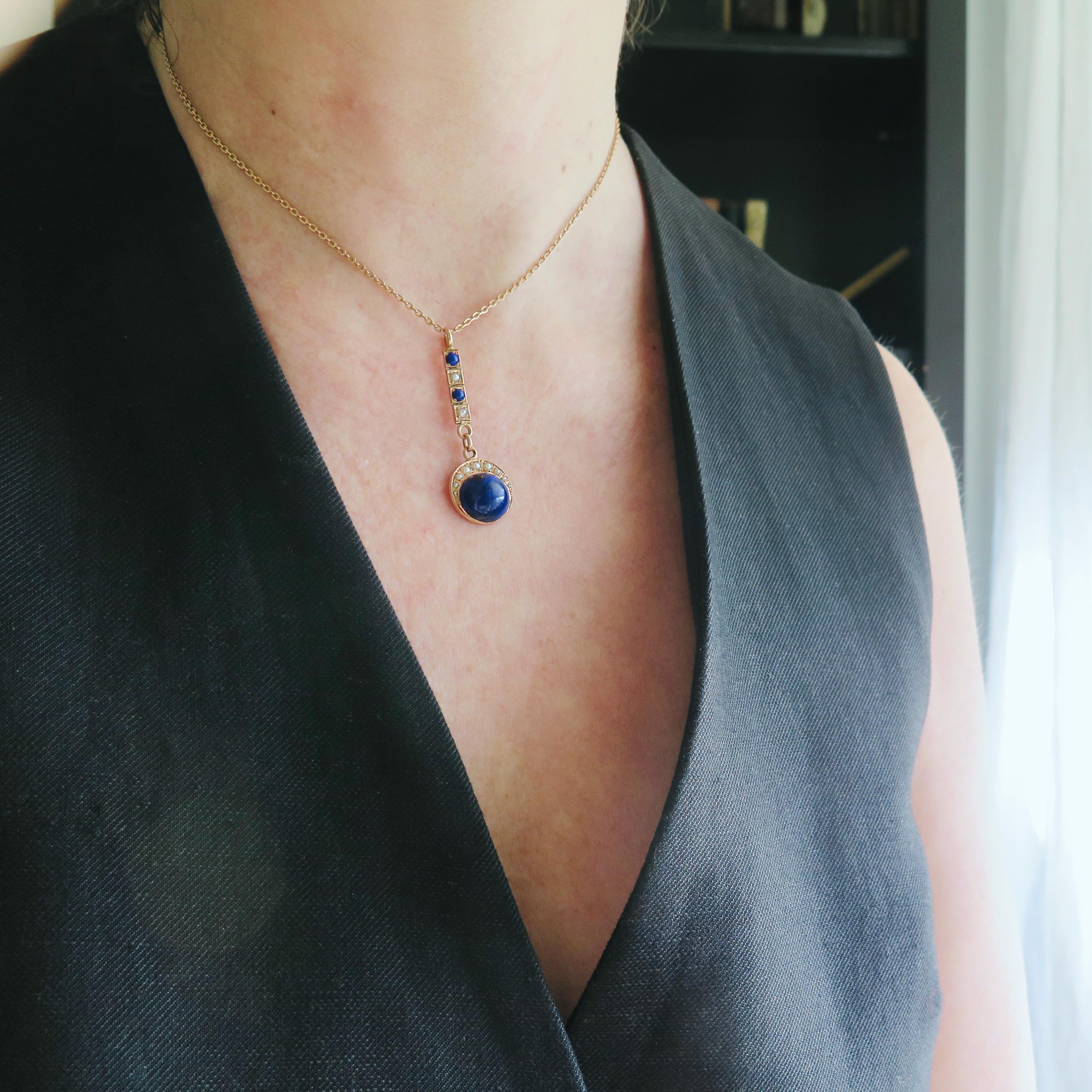 Antique Lapis Lazuli Lavalier Necklace, 15k Gold, Celestial Drop Pendant