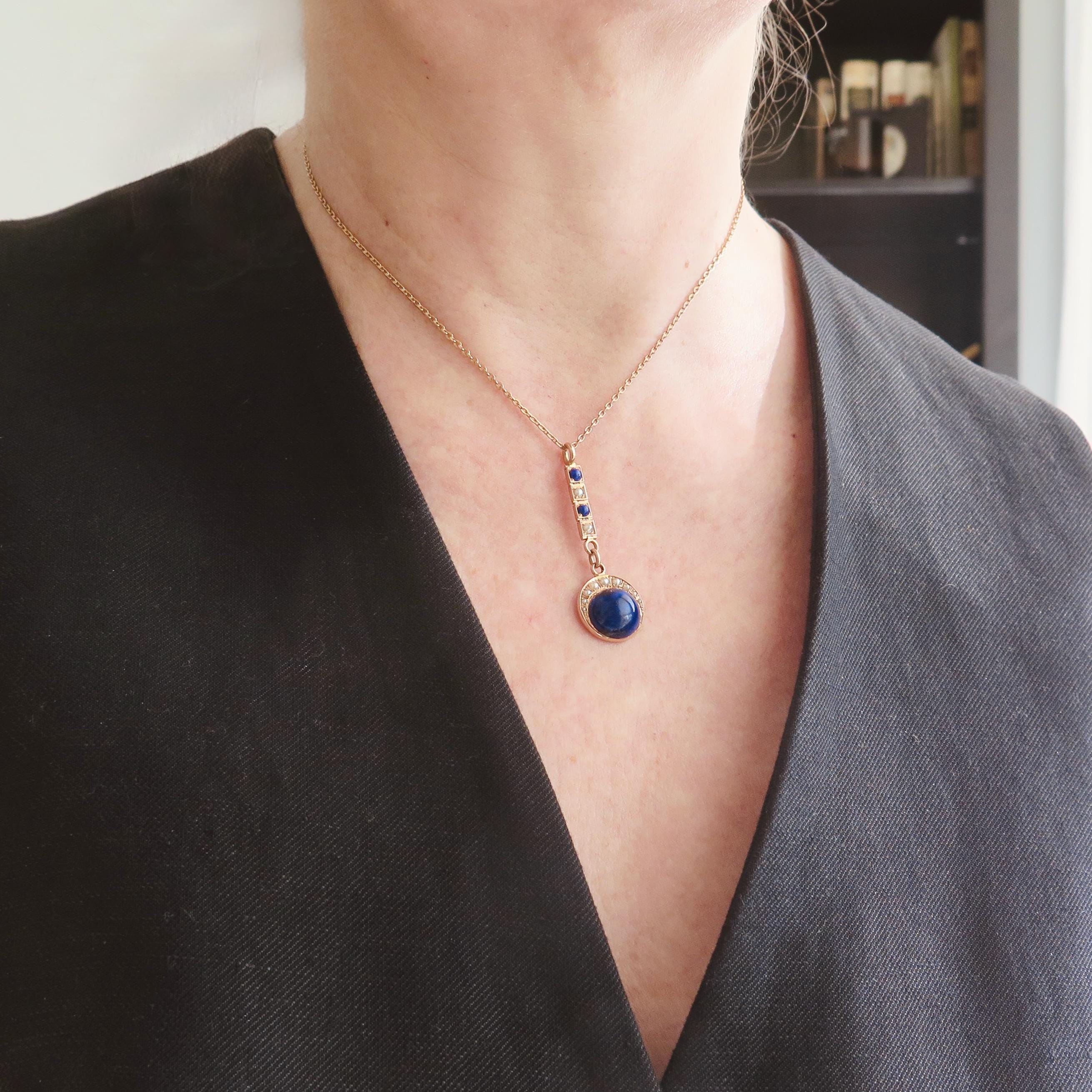 Antique Lapis Lazuli Lavalier Necklace, 15k Gold, Celestial Drop Pendant