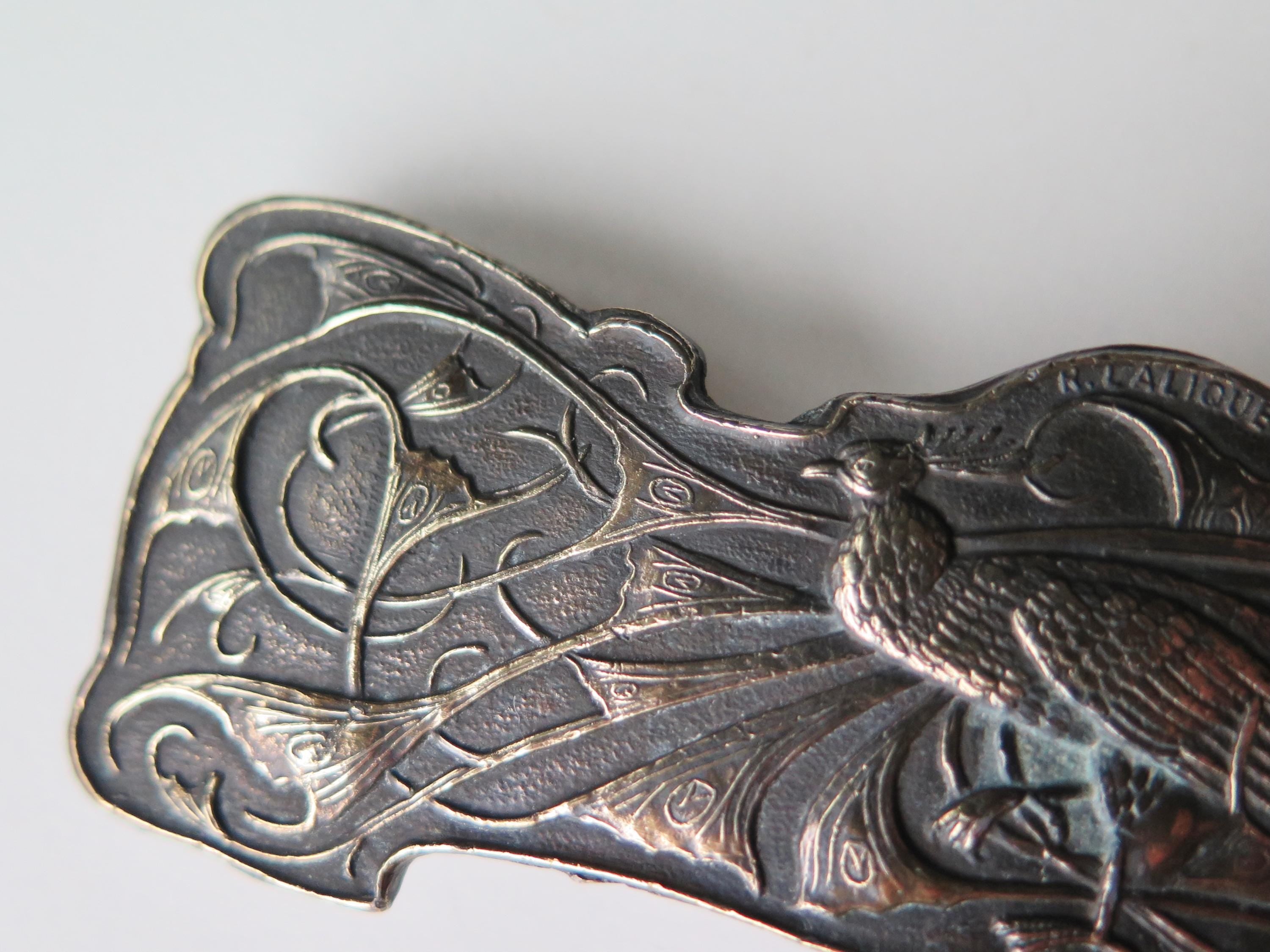 Antique Art Nouveau Belt Buckle Peacock Patinated Bronze Signed Lalique French 1900