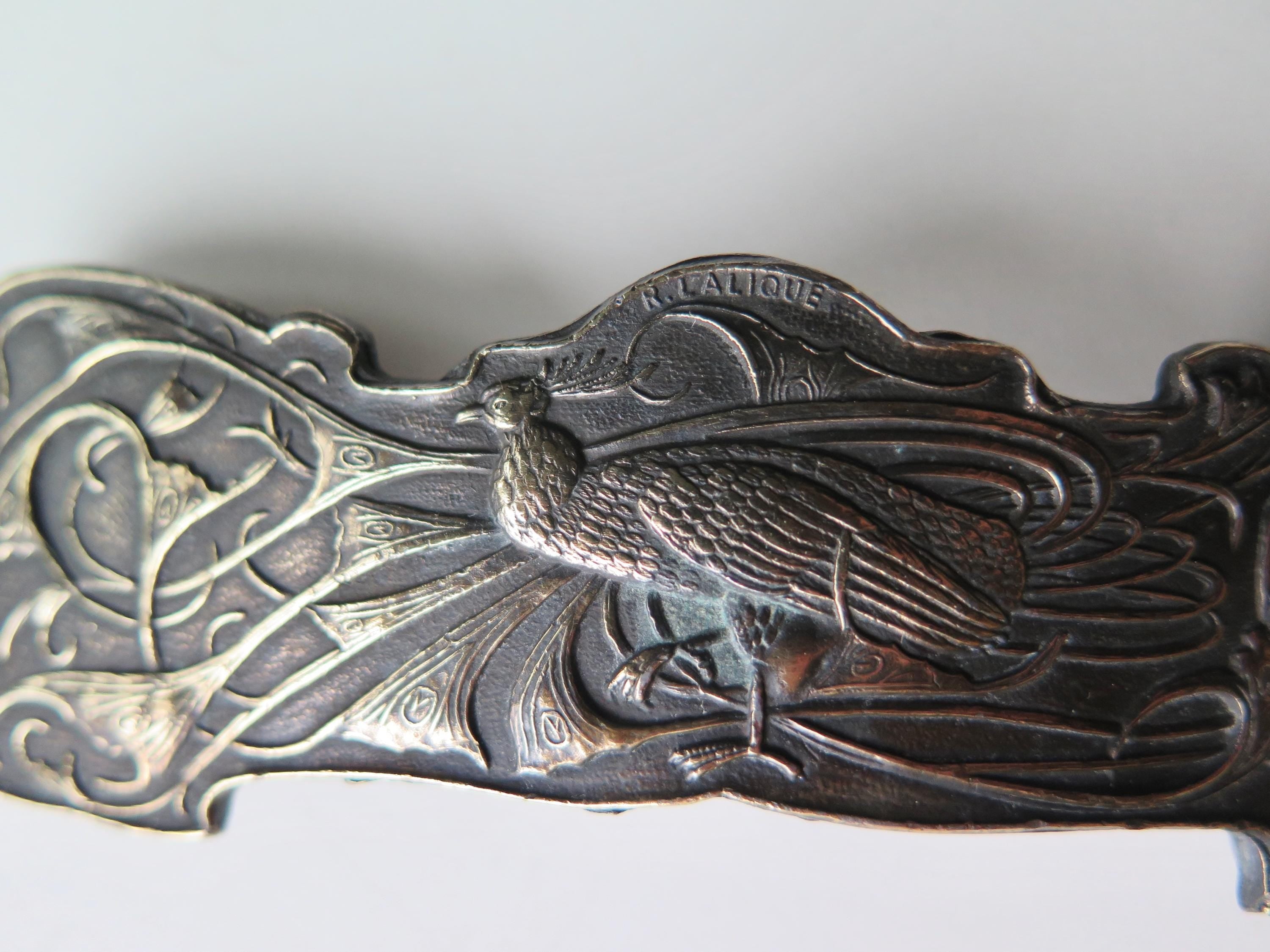 Antique Art Nouveau Belt Buckle Peacock Patinated Bronze Signed Lalique French 1900