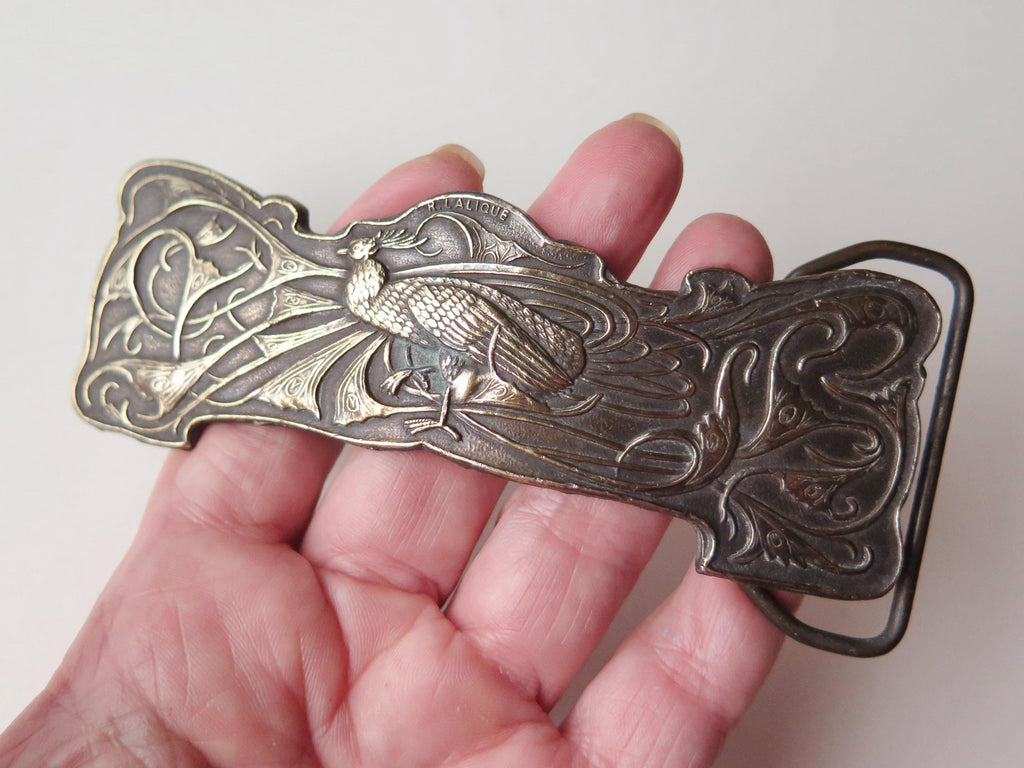 Antique Art Nouveau Belt Buckle Peacock Patinated Bronze Signed Lalique French 1900