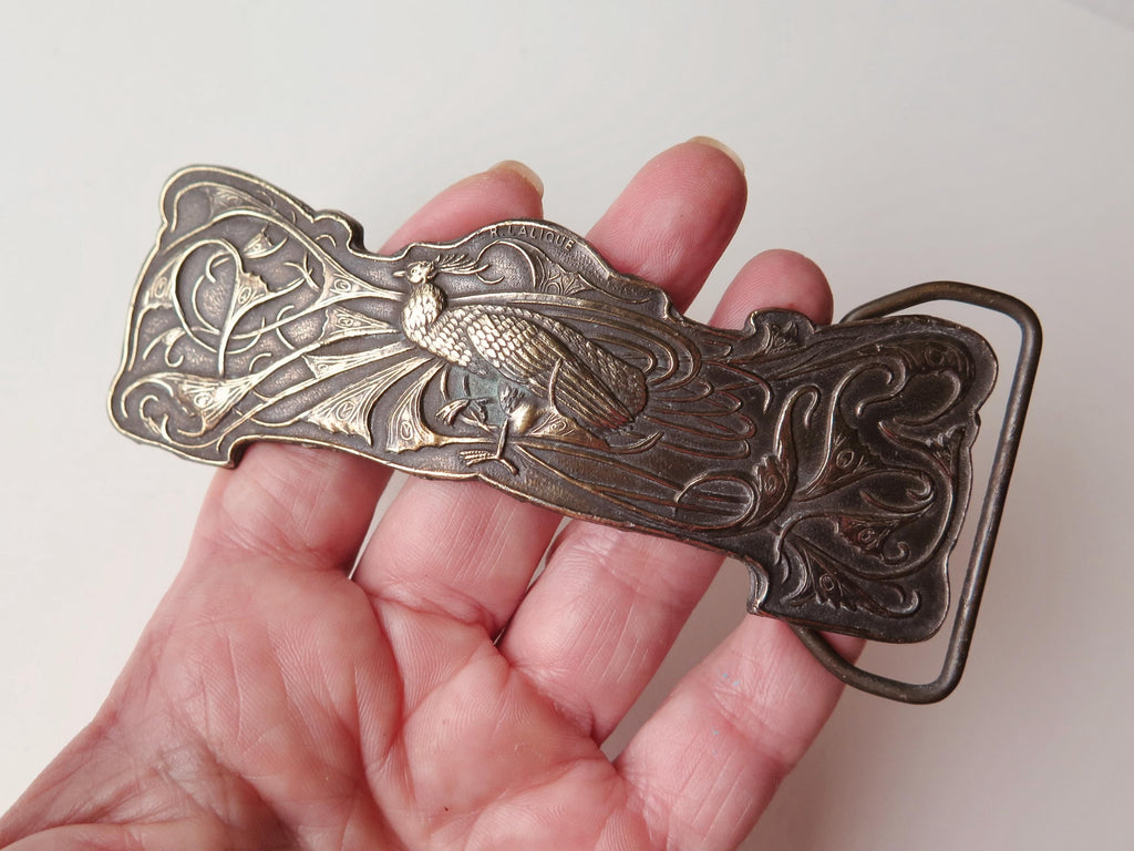Antique Art Nouveau Belt Buckle Peacock Patinated Bronze Signed Lalique French 1900