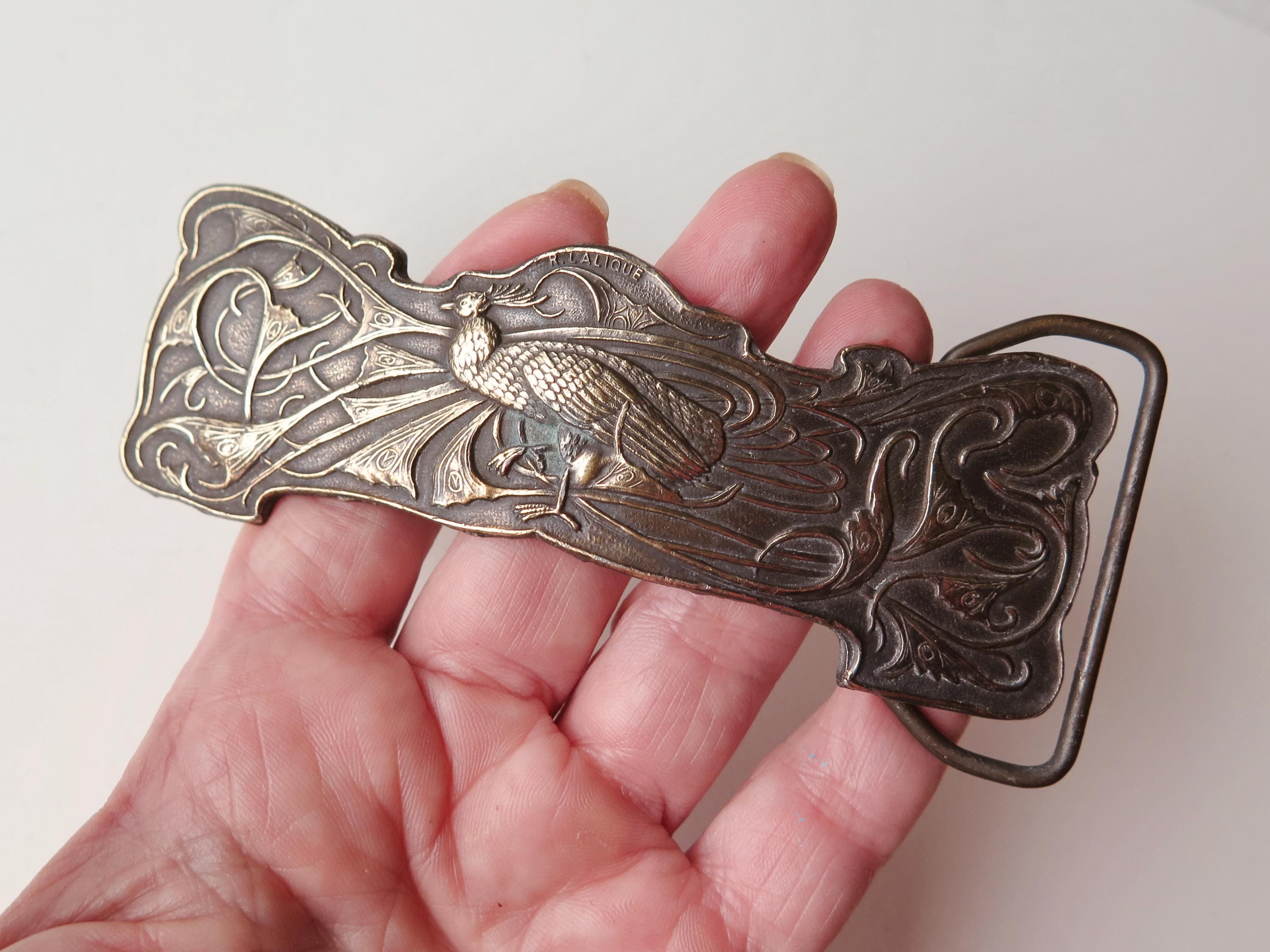 Antique Art Nouveau Belt Buckle Peacock Patinated Bronze Signed Lalique French 1900