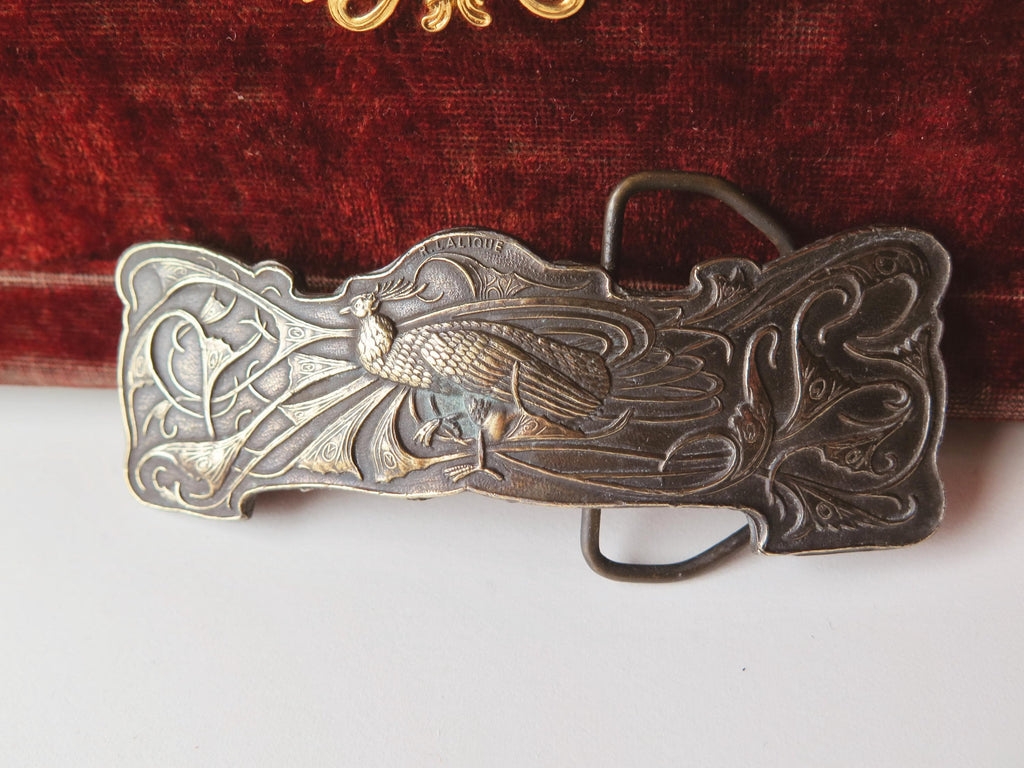 Antique Art Nouveau Belt Buckle Peacock Patinated Bronze Signed Lalique French 1900