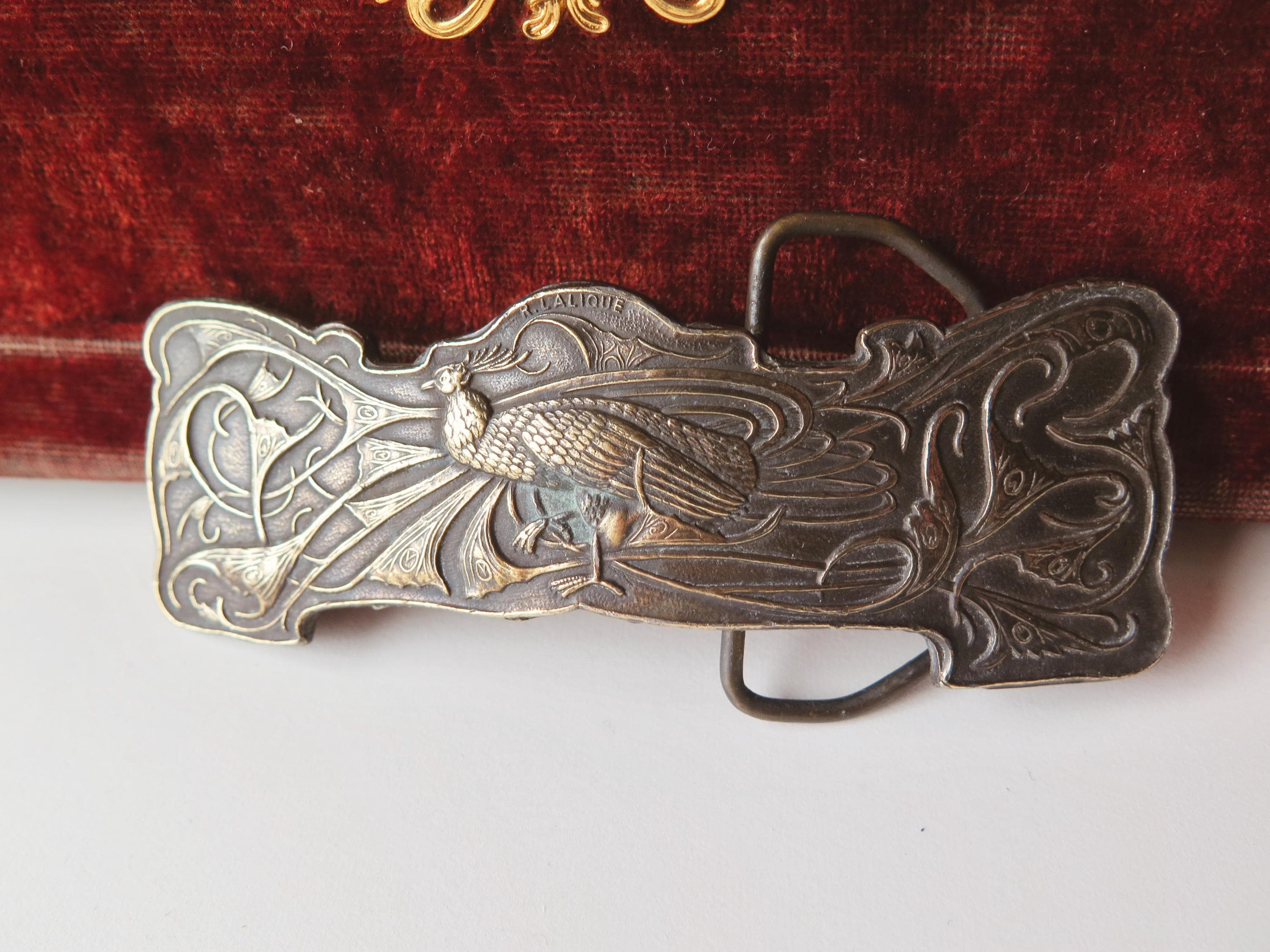 Antique Art Nouveau Belt Buckle Peacock Patinated Bronze Signed Lalique French 1900
