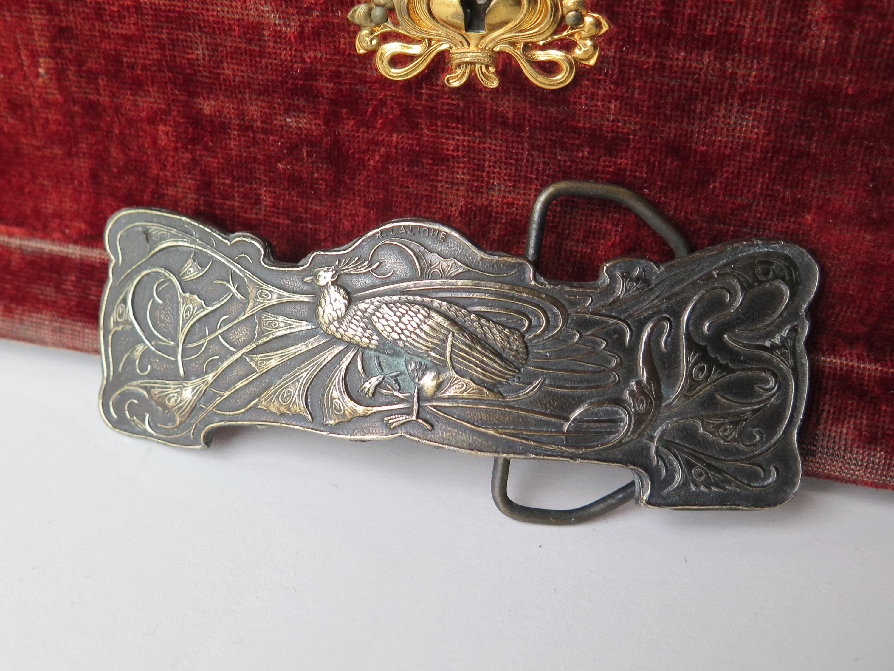 Antique Art Nouveau Belt Buckle Peacock Patinated Bronze Signed Lalique French 1900