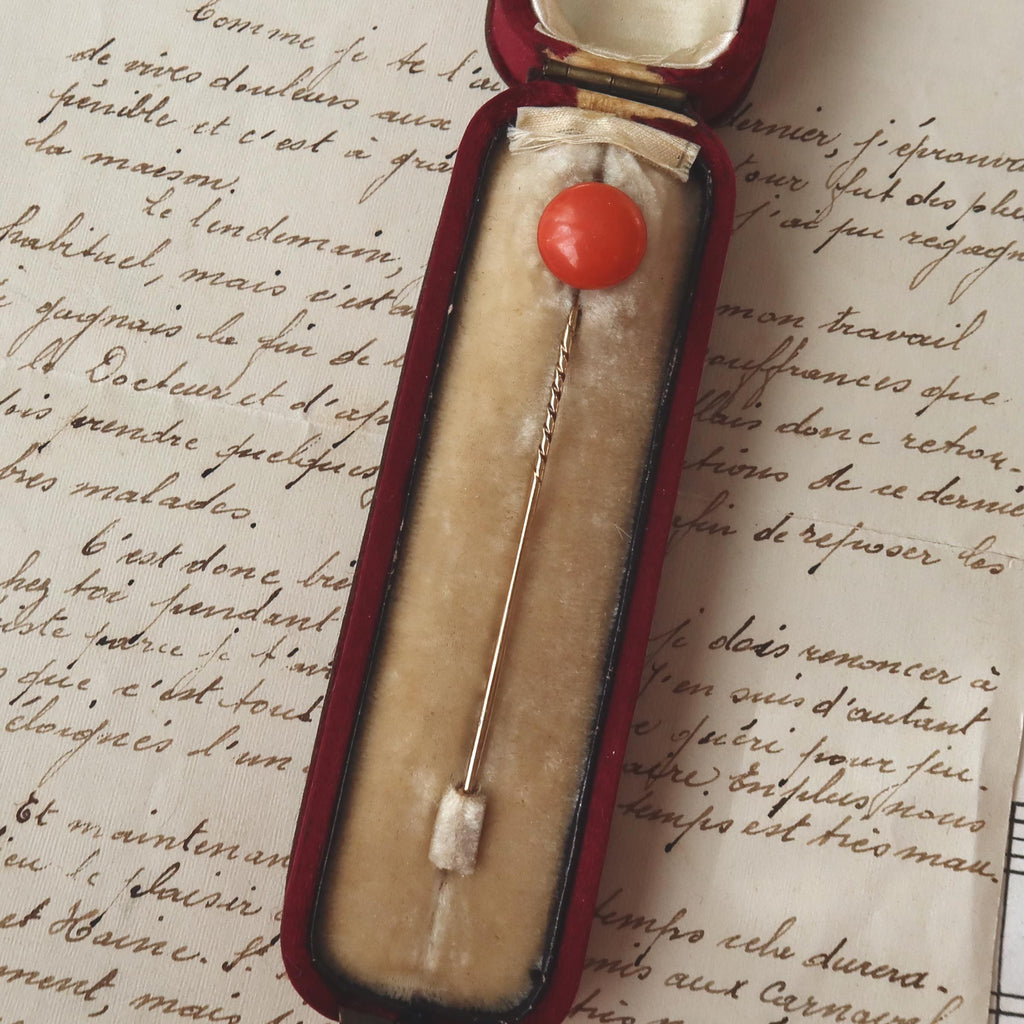 Antique 14K Gold Tie Pin with Natural Coral Cabochon