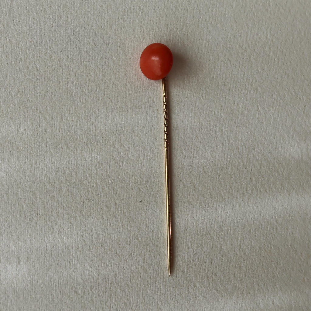 Antique 14K Gold Tie Pin with Natural Coral Cabochon