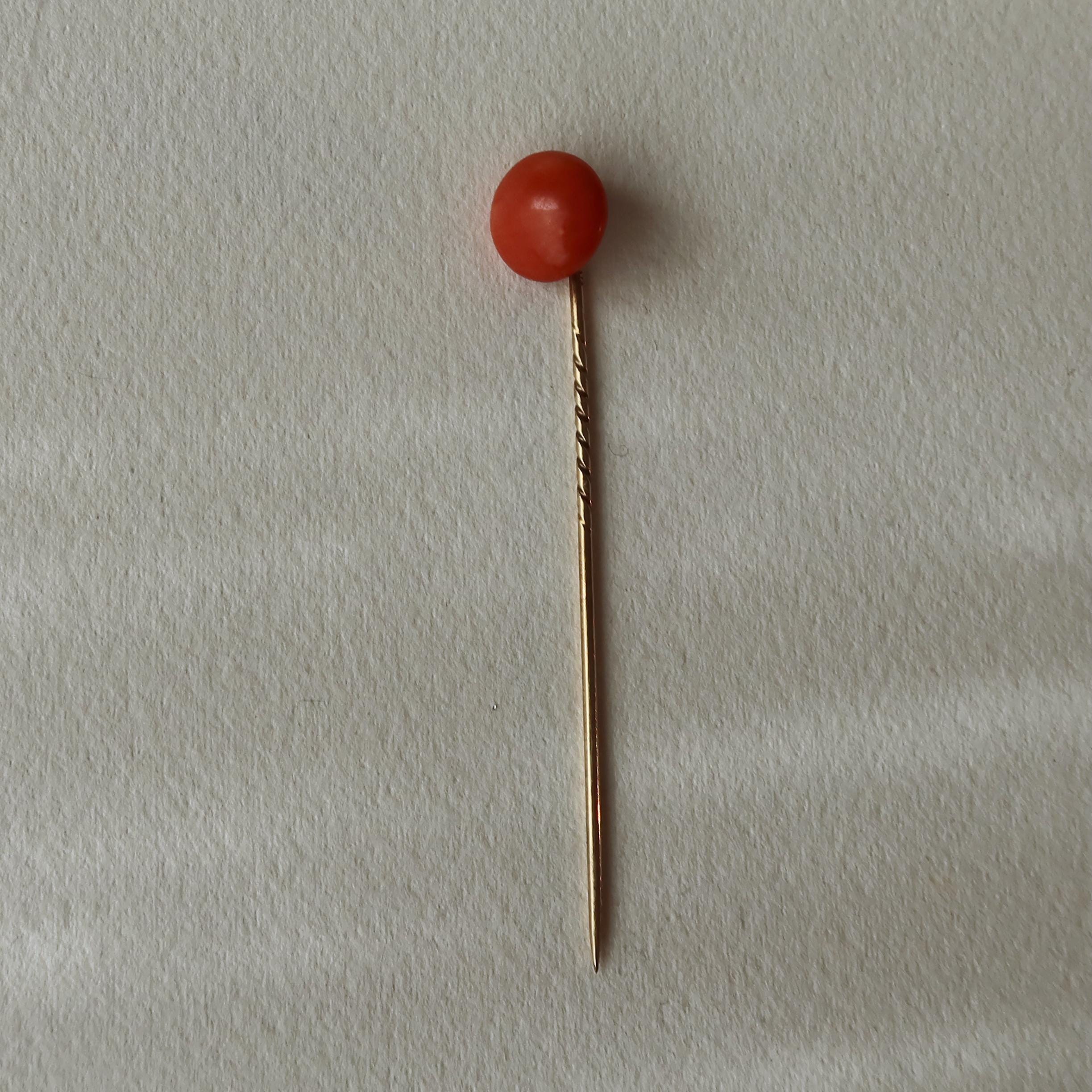 Antique 14K Gold Tie Pin with Natural Coral Cabochon