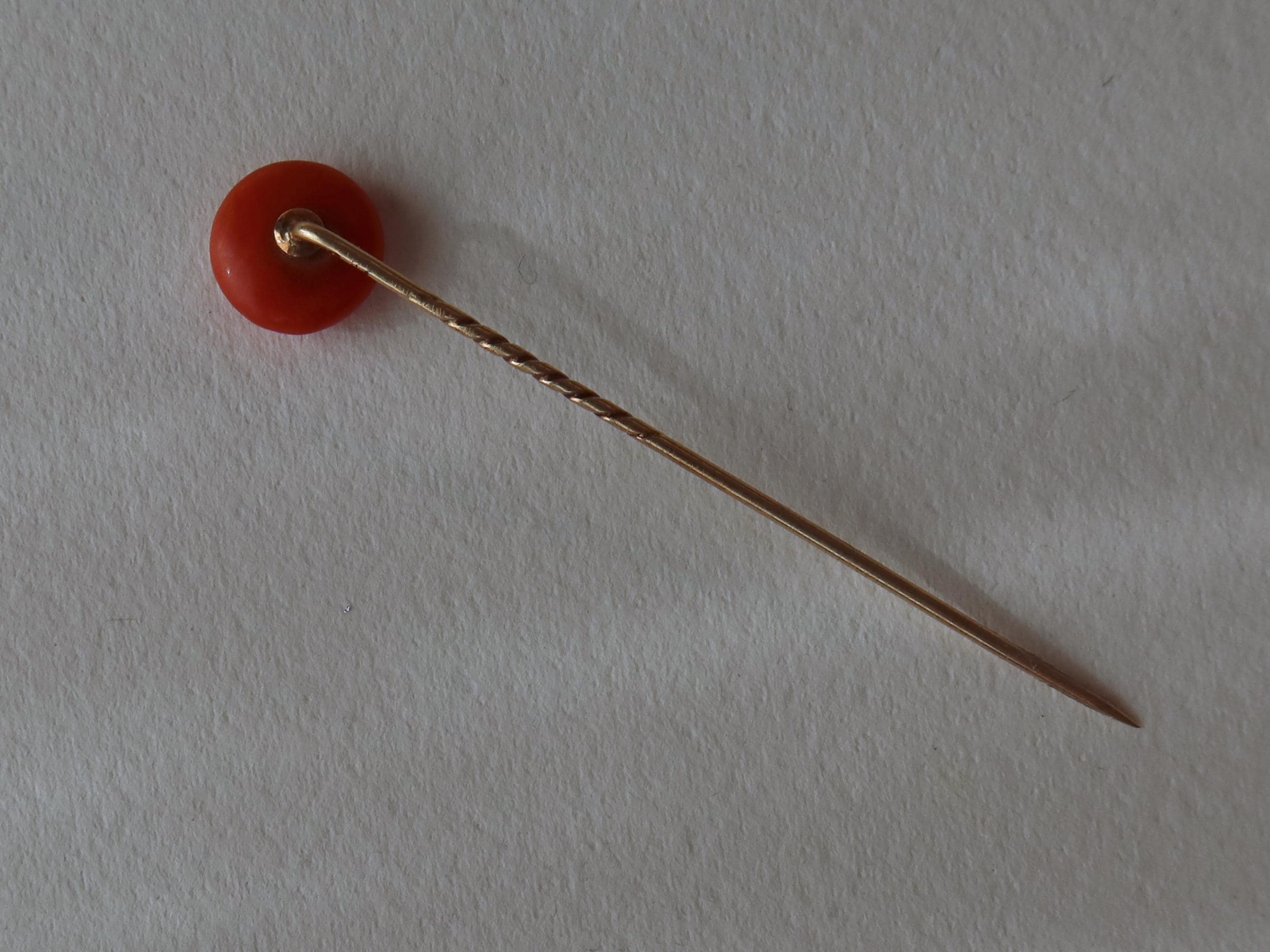 Antique 14K Gold Tie Pin with Natural Coral Cabochon