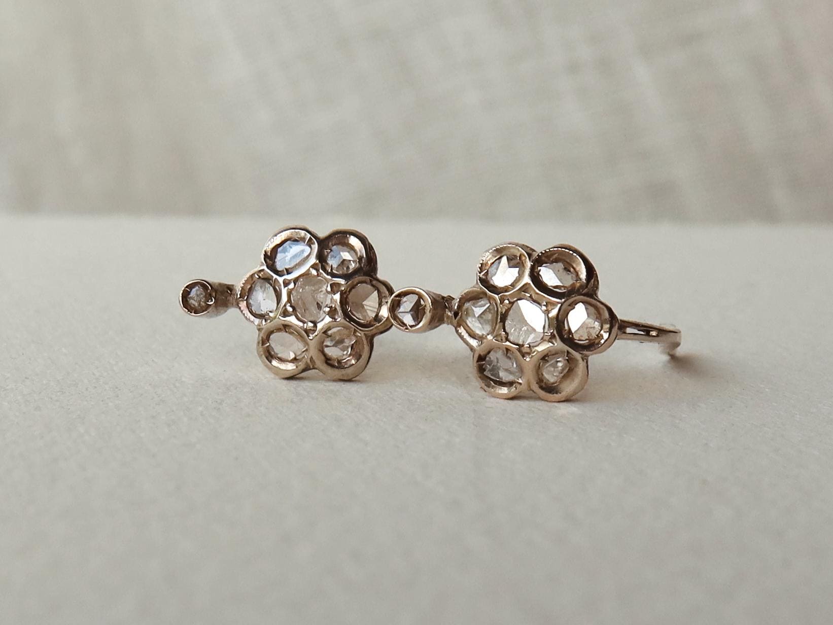Antique 9k Gold Diamond Cluster Dormeuse Earrings, Edwardian Era, Early 1900s