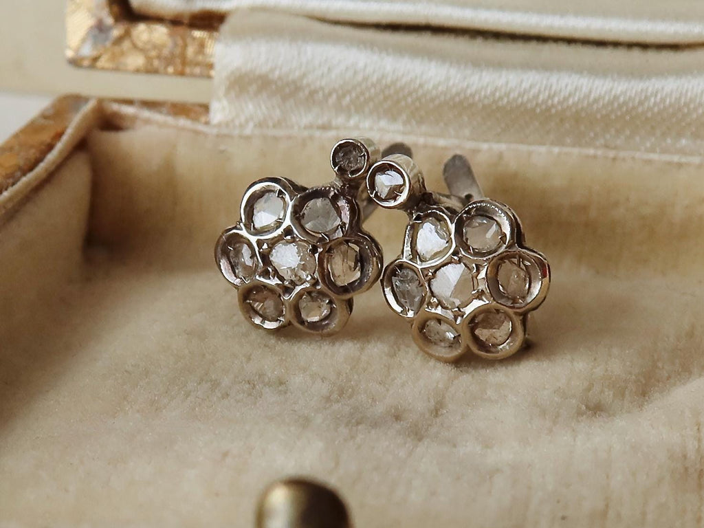 Antique 9k Gold Diamond Cluster Dormeuse Earrings, Edwardian Era, Early 1900s