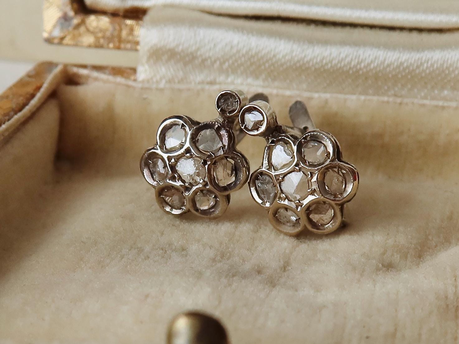 Antique 9k Gold Diamond Cluster Dormeuse Earrings, Edwardian Era, Early 1900s