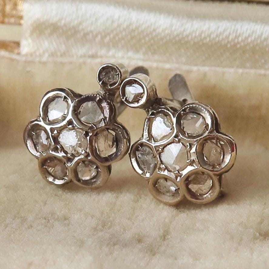 Antique 9k Gold Diamond Cluster Dormeuse Earrings, Edwardian Era, Early 1900s