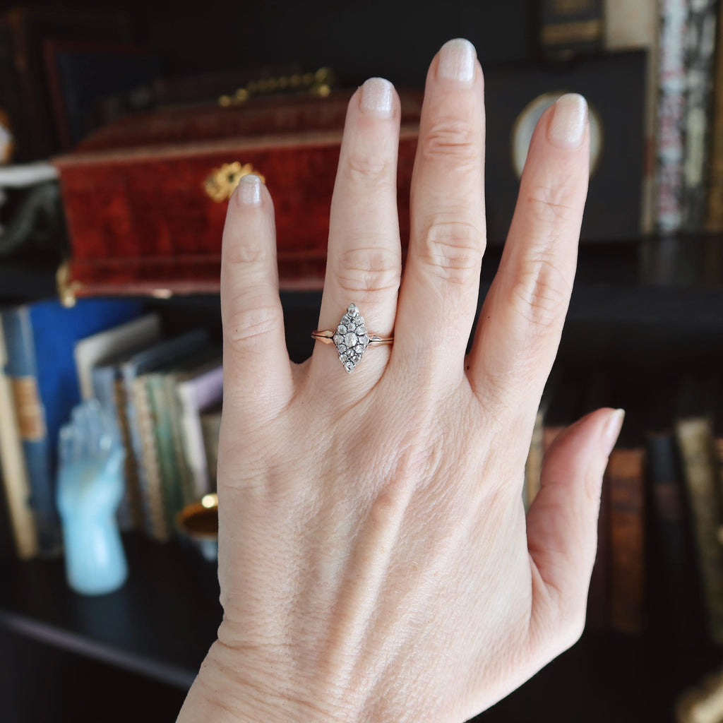 Antique Marquise Diamond Ring, 12k Gold with Natural Rose Cut Diamonds Edwardian