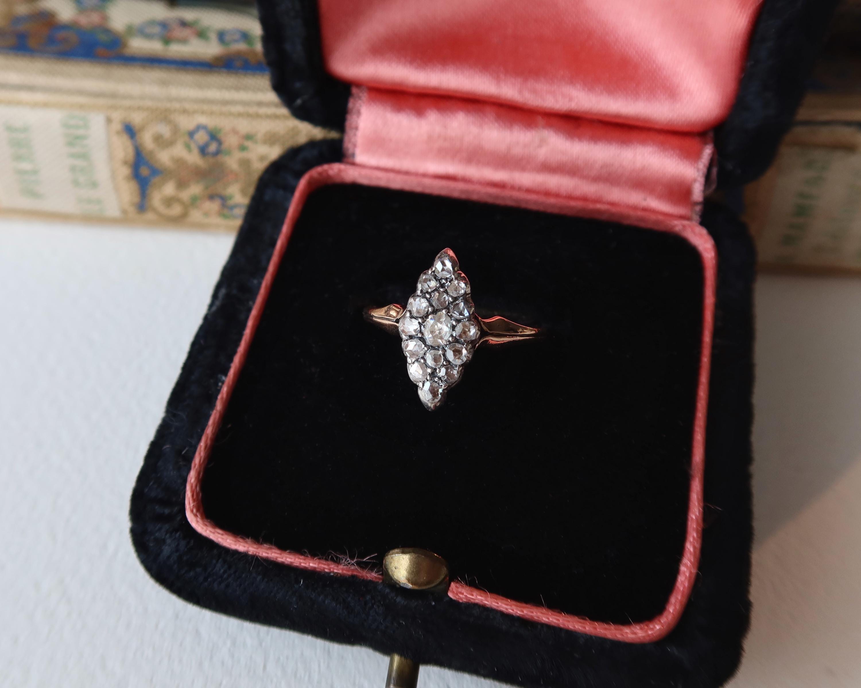 Antique Marquise Diamond Ring, 12k Gold with Natural Rose Cut Diamonds Edwardian
