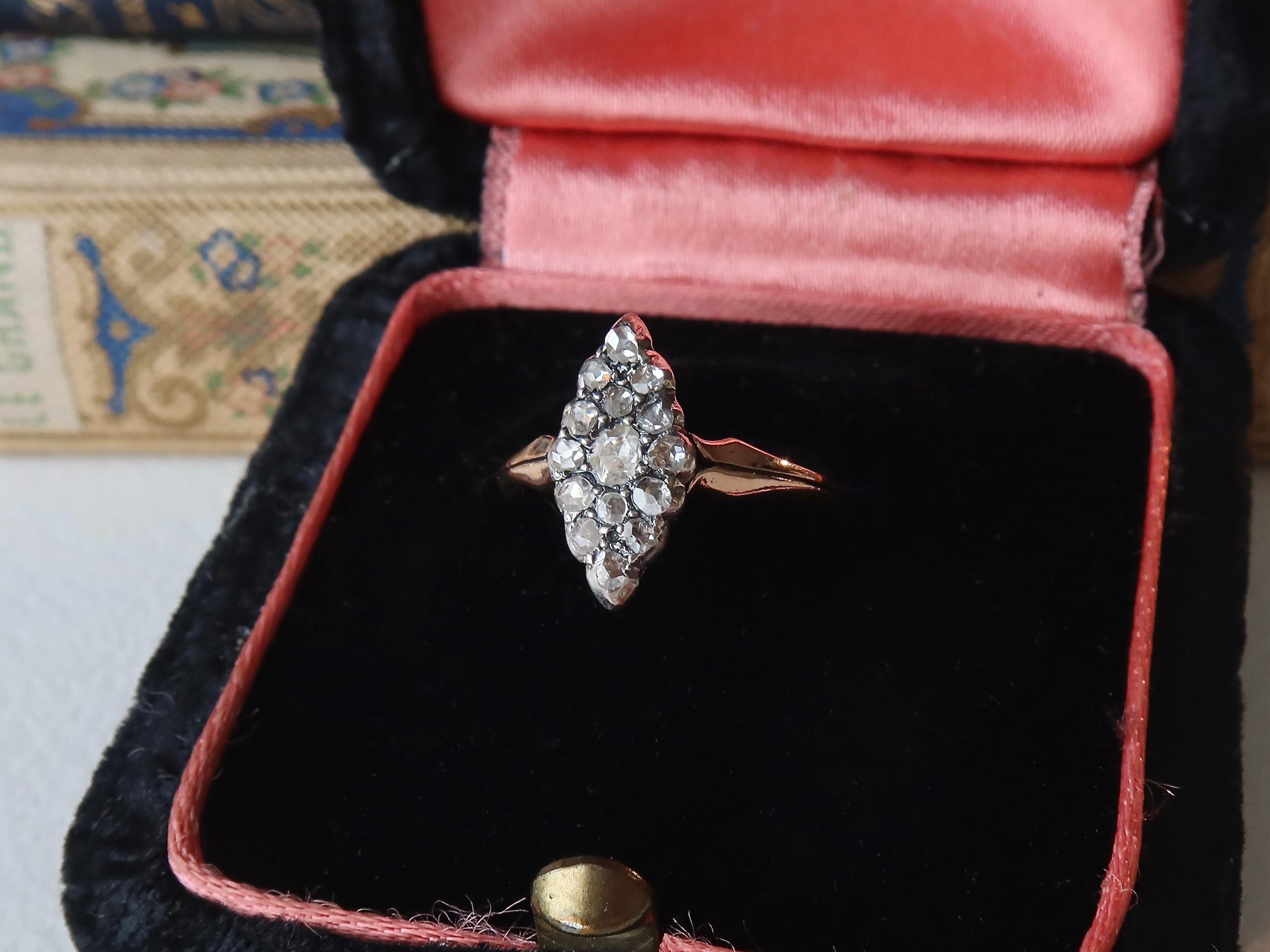 Antique Marquise Diamond Ring, 12k Gold with Natural Rose Cut Diamonds Edwardian