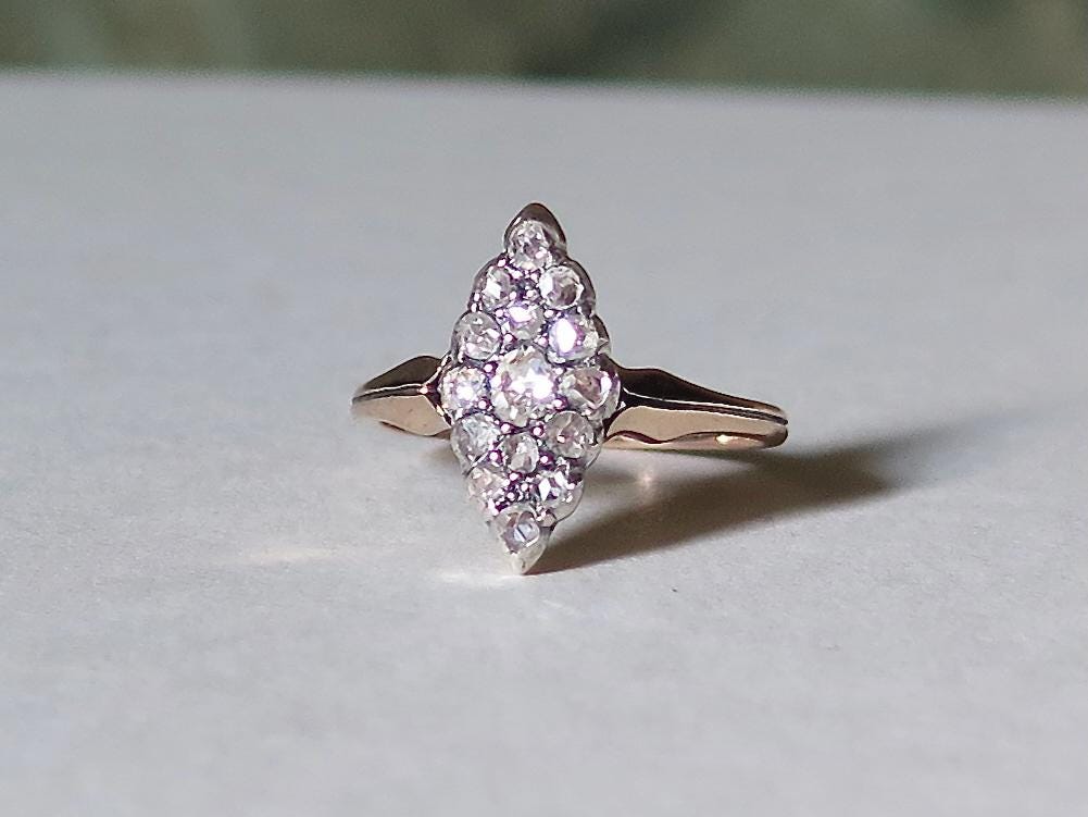 Antique Marquise Diamond Ring, 12k Gold with Natural Rose Cut Diamonds Edwardian