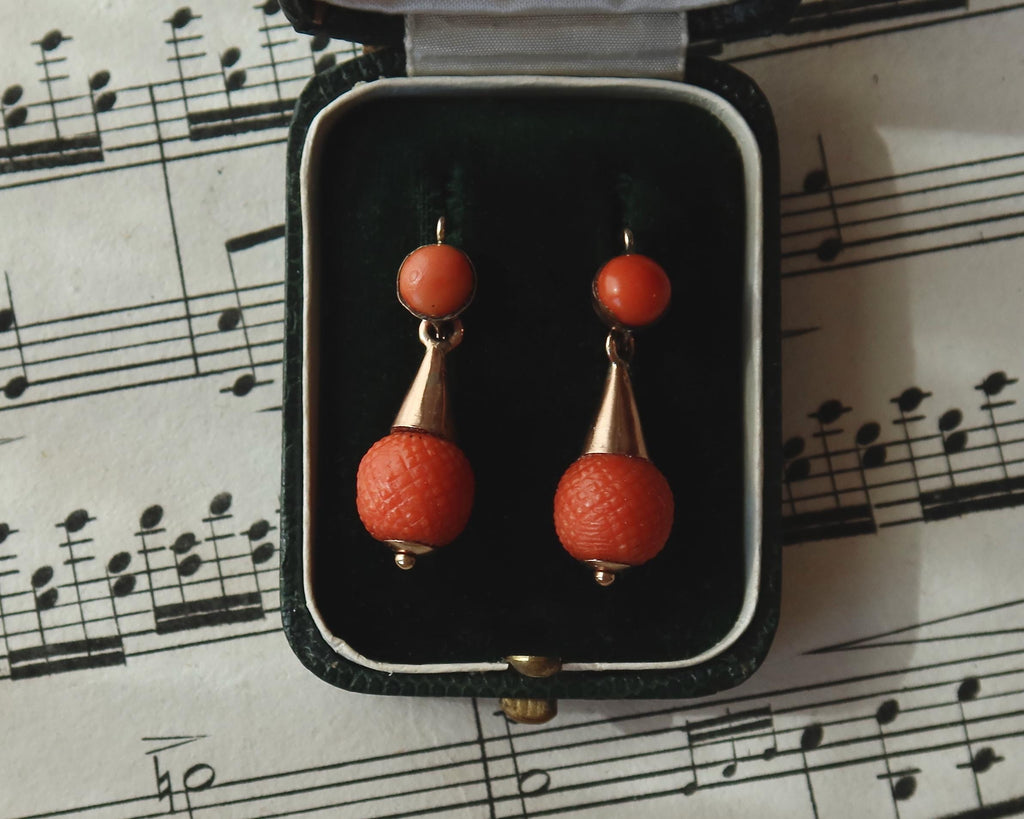 Antique Victorian Coral Earrings, 9k Gold Drop Earrings