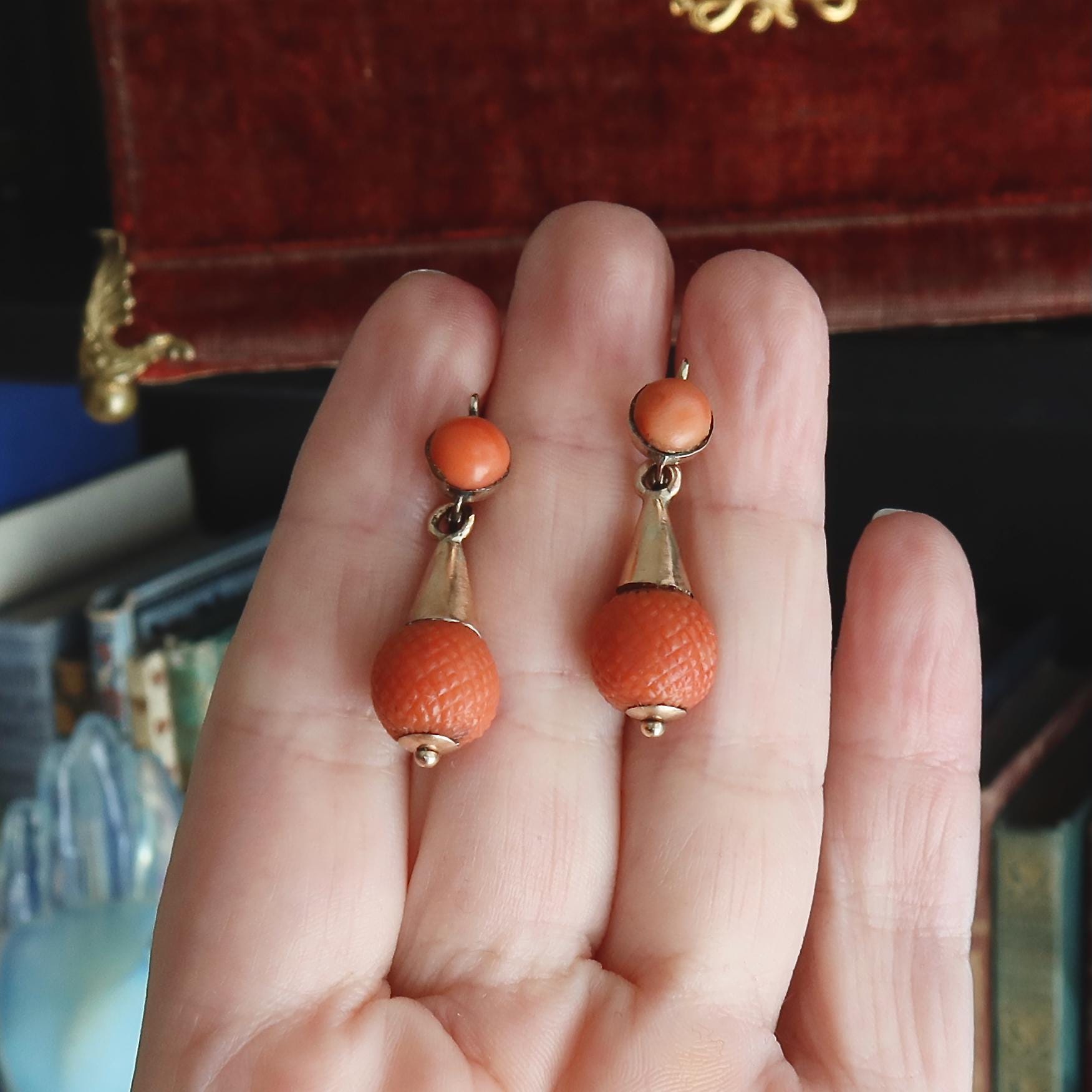 Antique Victorian Coral Earrings, 9k Gold Drop Earrings