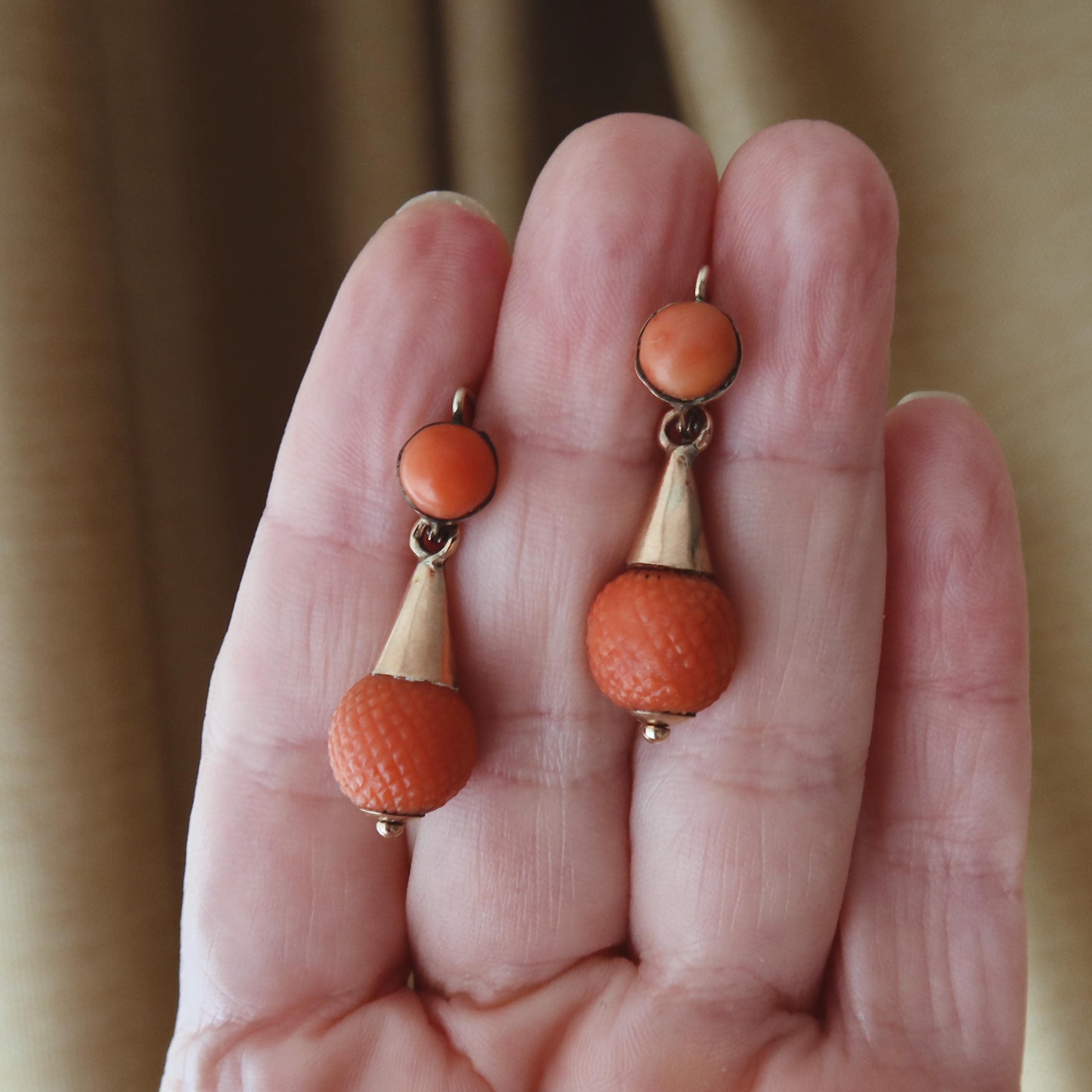 Antique Victorian Coral Earrings, 9k Gold Drop Earrings