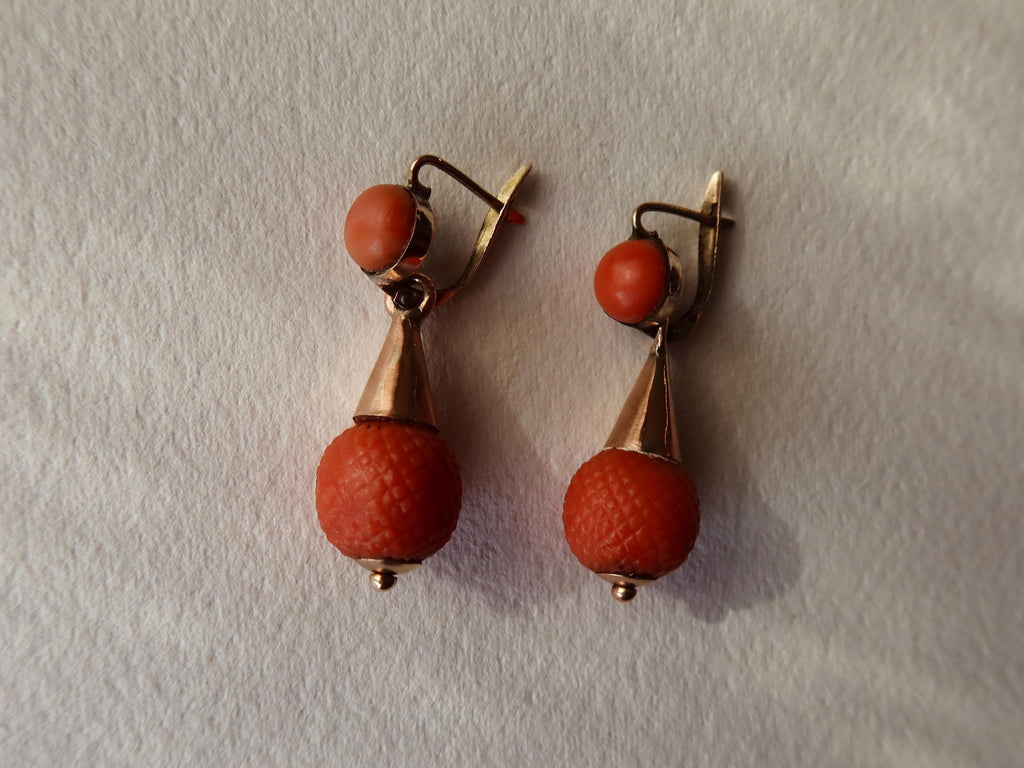 Antique Victorian Coral Earrings, 9k Gold Drop Earrings