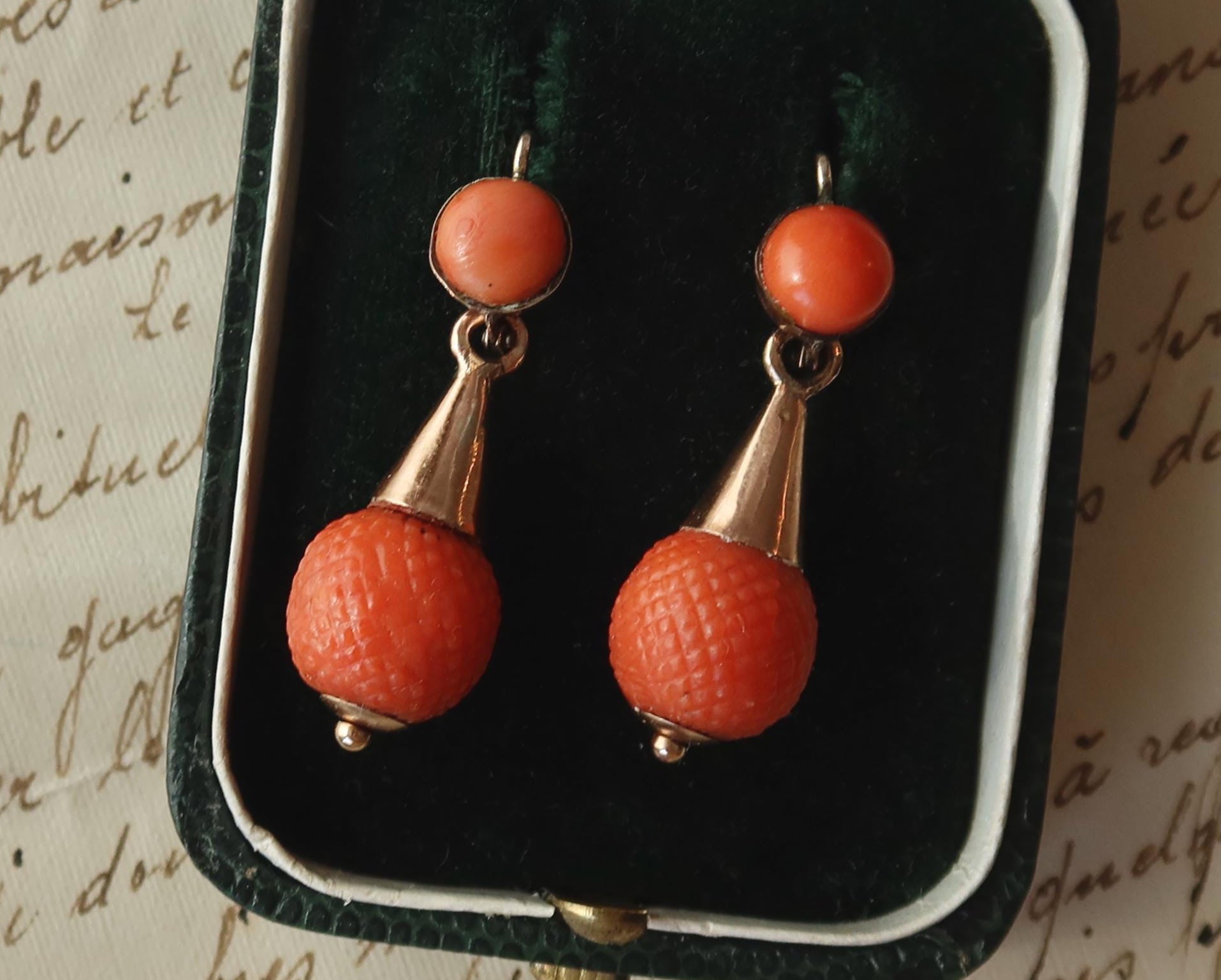 Antique Victorian Coral Earrings, 9k Gold Drop Earrings