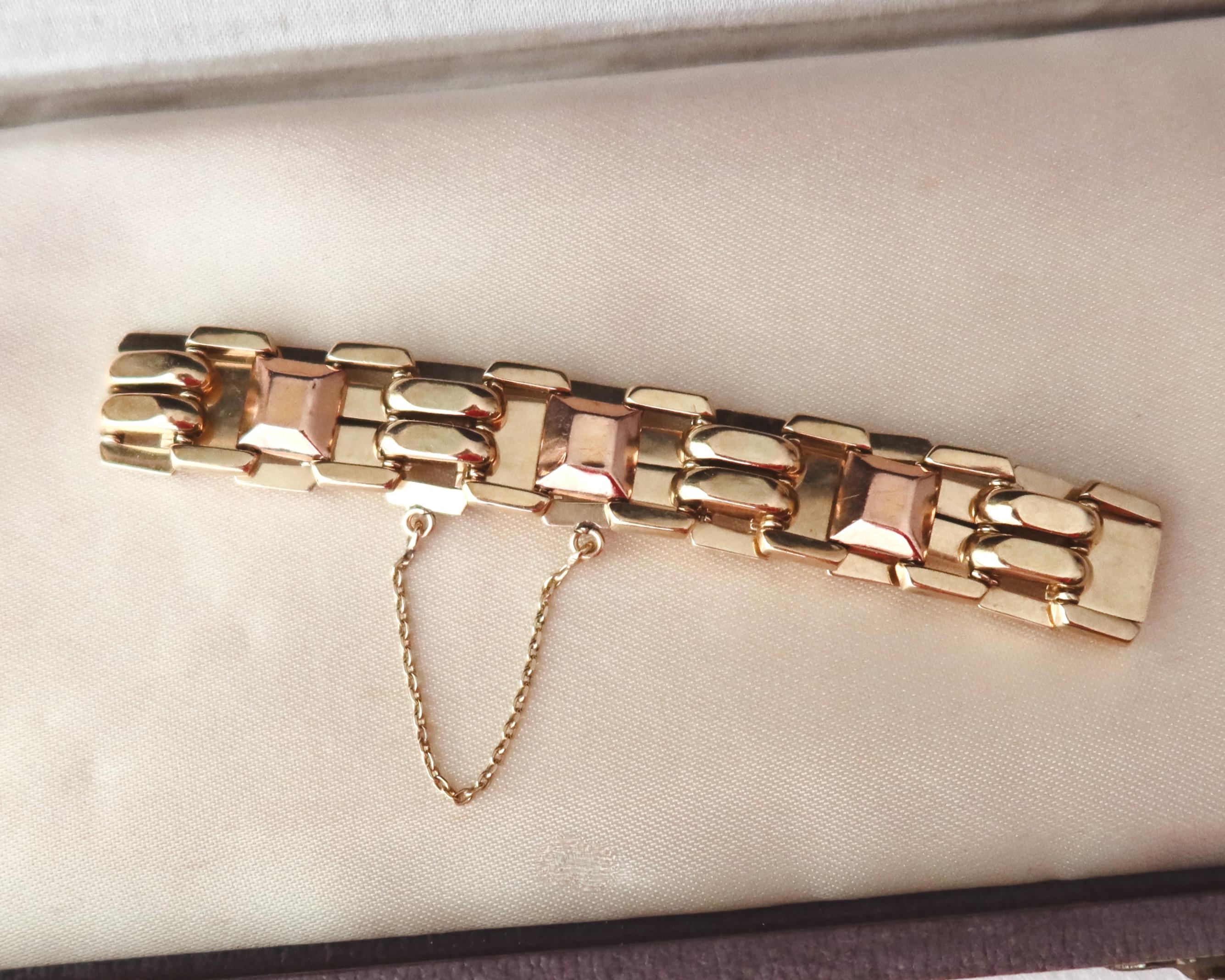 Vintage 14k Gold Tank Bracelet, Yellow and Rose Gold, Chunky Geometric Links, 1940s Style