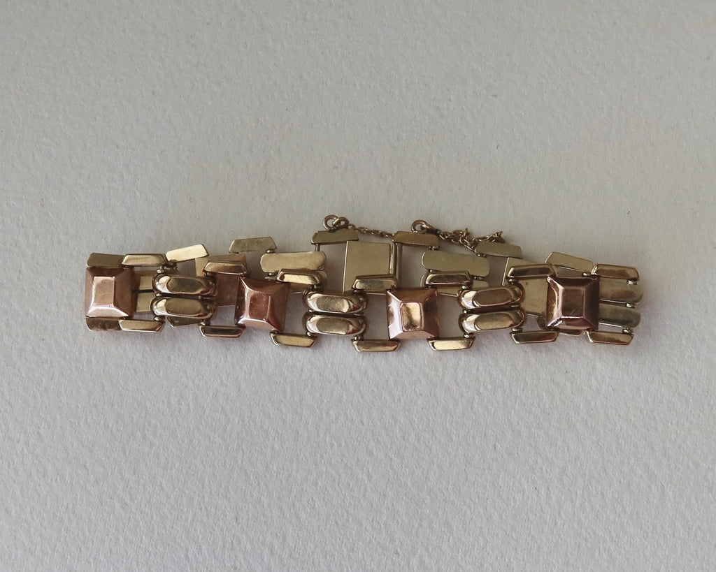 Vintage 14k Gold Tank Bracelet, Yellow and Rose Gold, Chunky Geometric Links, 1940s Style