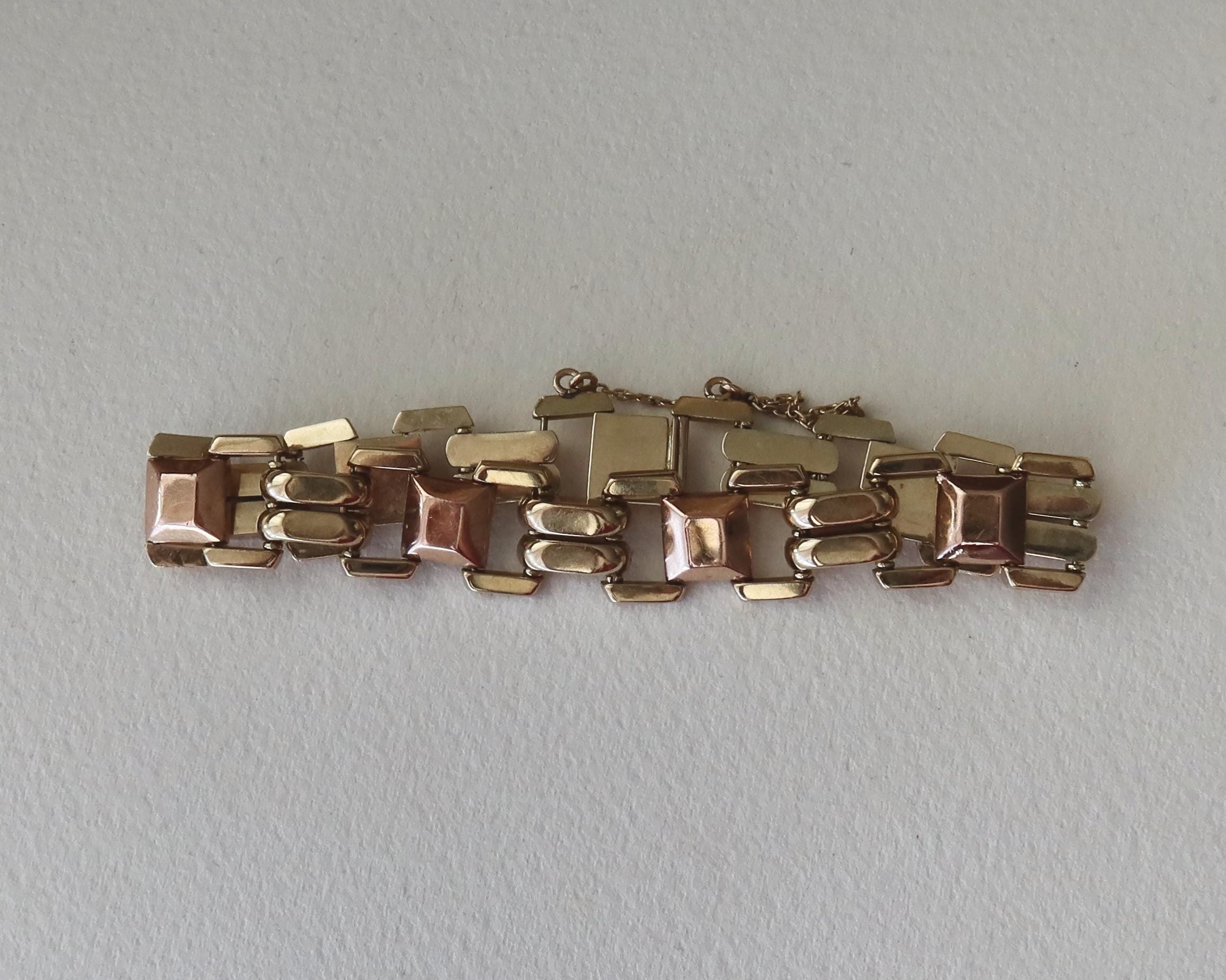 Vintage 14k Gold Tank Bracelet, Yellow and Rose Gold, Chunky Geometric Links, 1940s Style