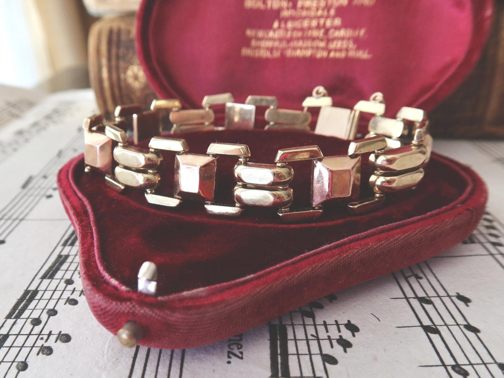 Vintage 14k Gold Tank Bracelet, Yellow and Rose Gold, Chunky Geometric Links, 1940s Style
