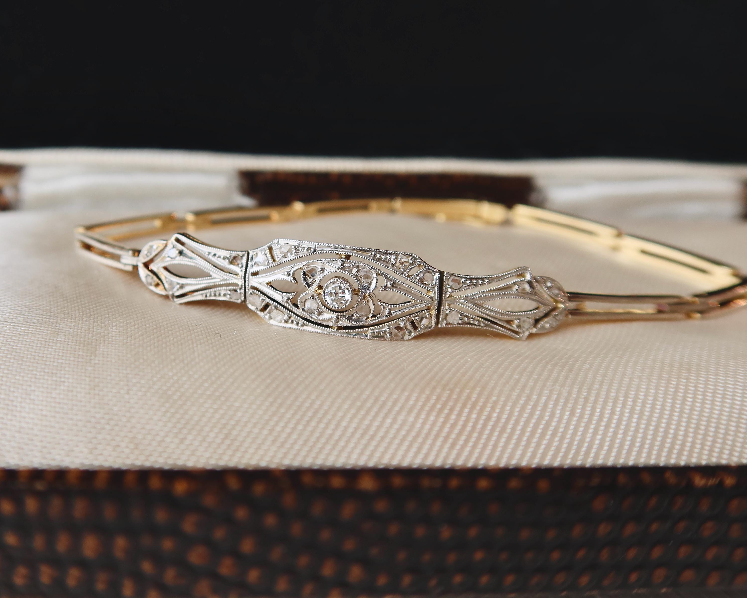 Antique Art Deco Diamond Bracelet, 18k Gold, Rose Cut Diamonds