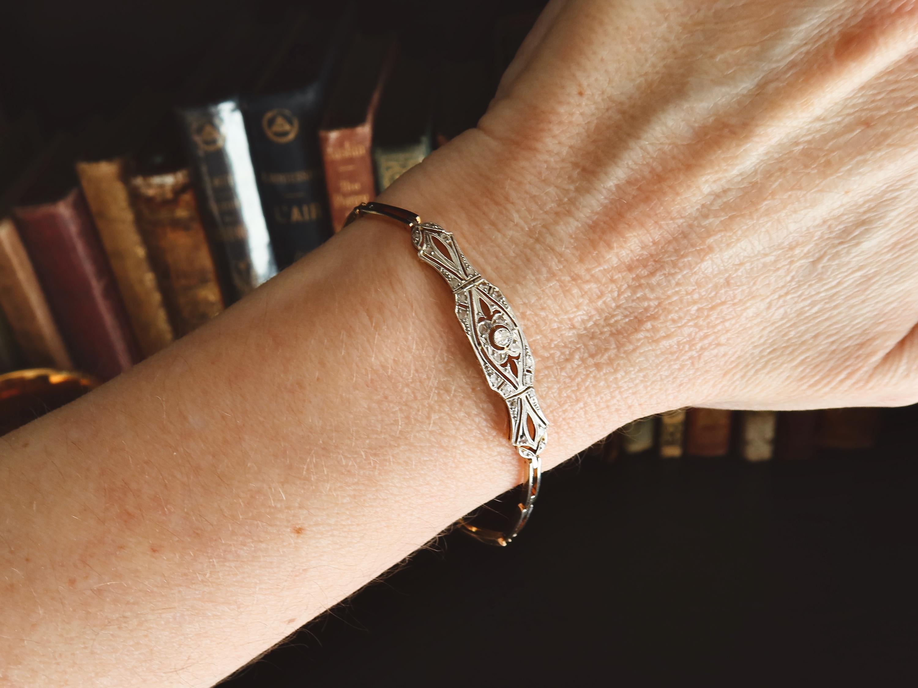 Antique Art Deco Diamond Bracelet, 18k Gold, Rose Cut Diamonds
