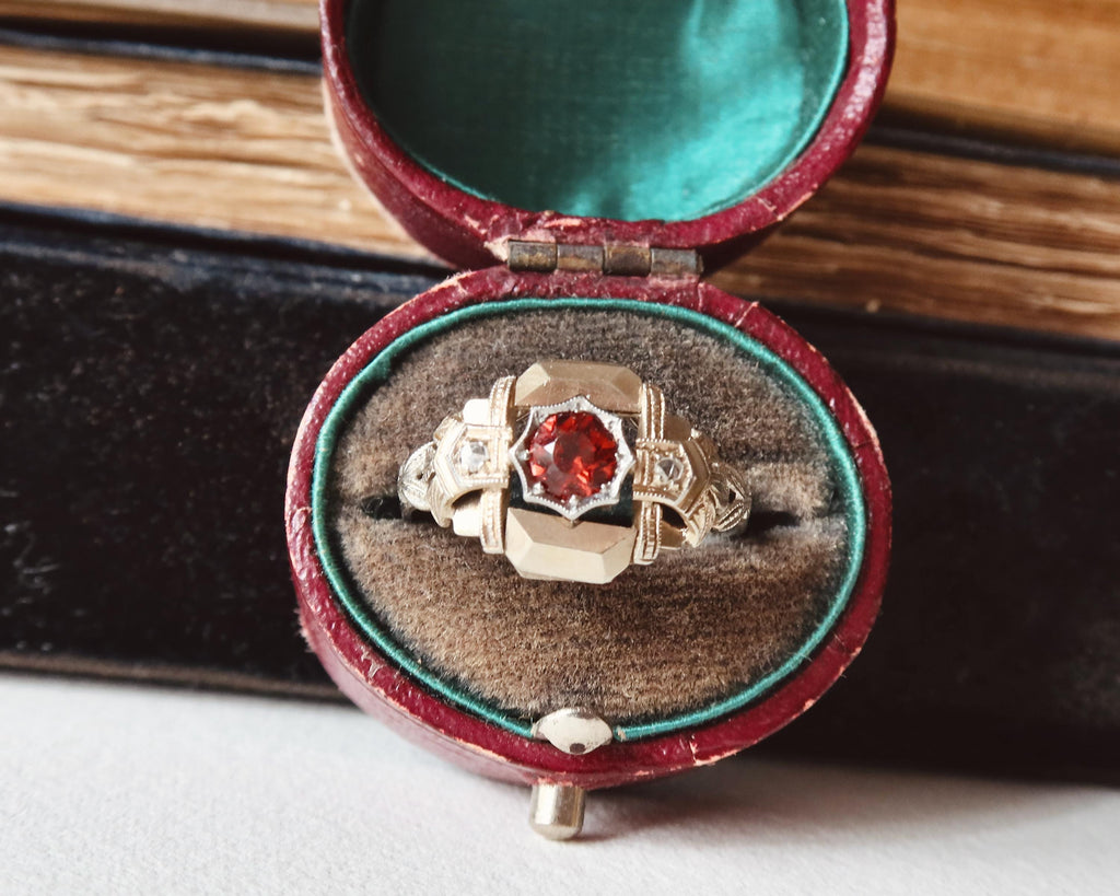 Antique Art Deco 18k Almandine Garnet Diamond Ring 1930s